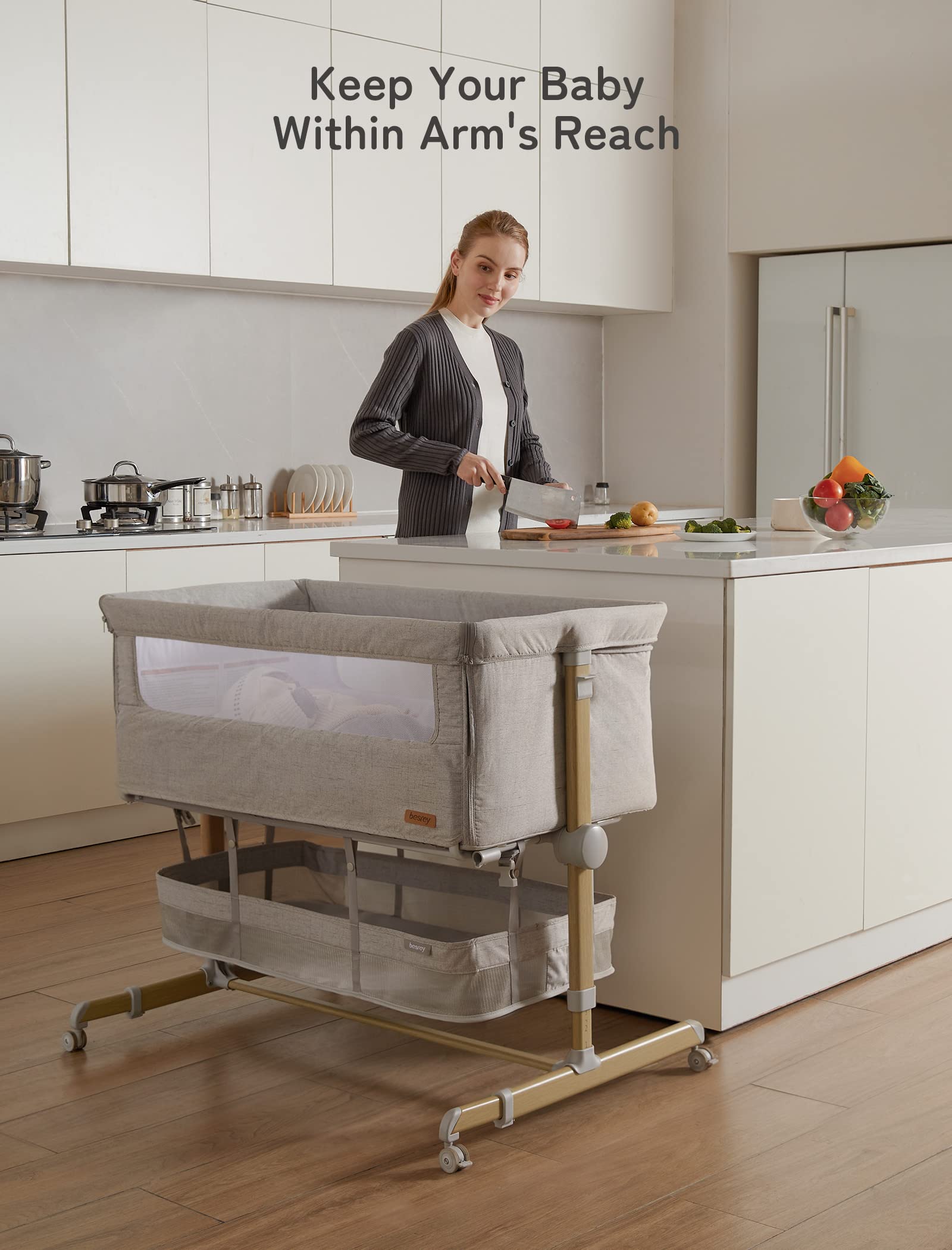 **Besrey Adjustable Baby Bassinet Bedside Sleeper with 9 Height Positions & 360° Swivel Wheels – Portable Newborn Crib with Comfy Mattress & Storage Basket – Perfect for Nursery, Co-Sleeping, and Travel**