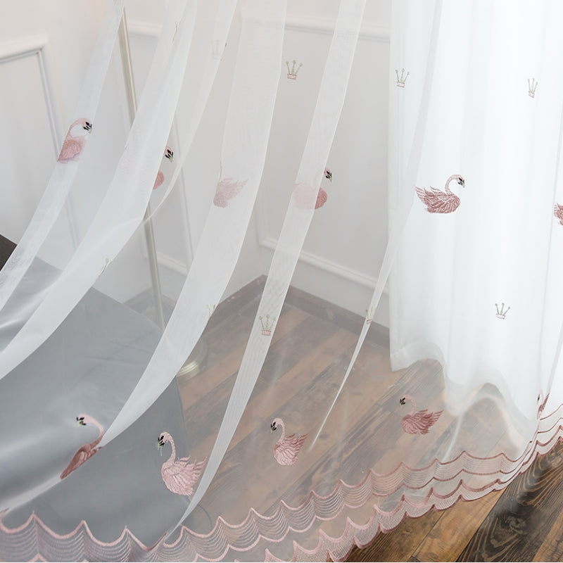 Elegant White Sheer Gauze Custom Curtains with Pink Swan Design - Perfect for Bedroom, Living Room & Nursery Window Treatments