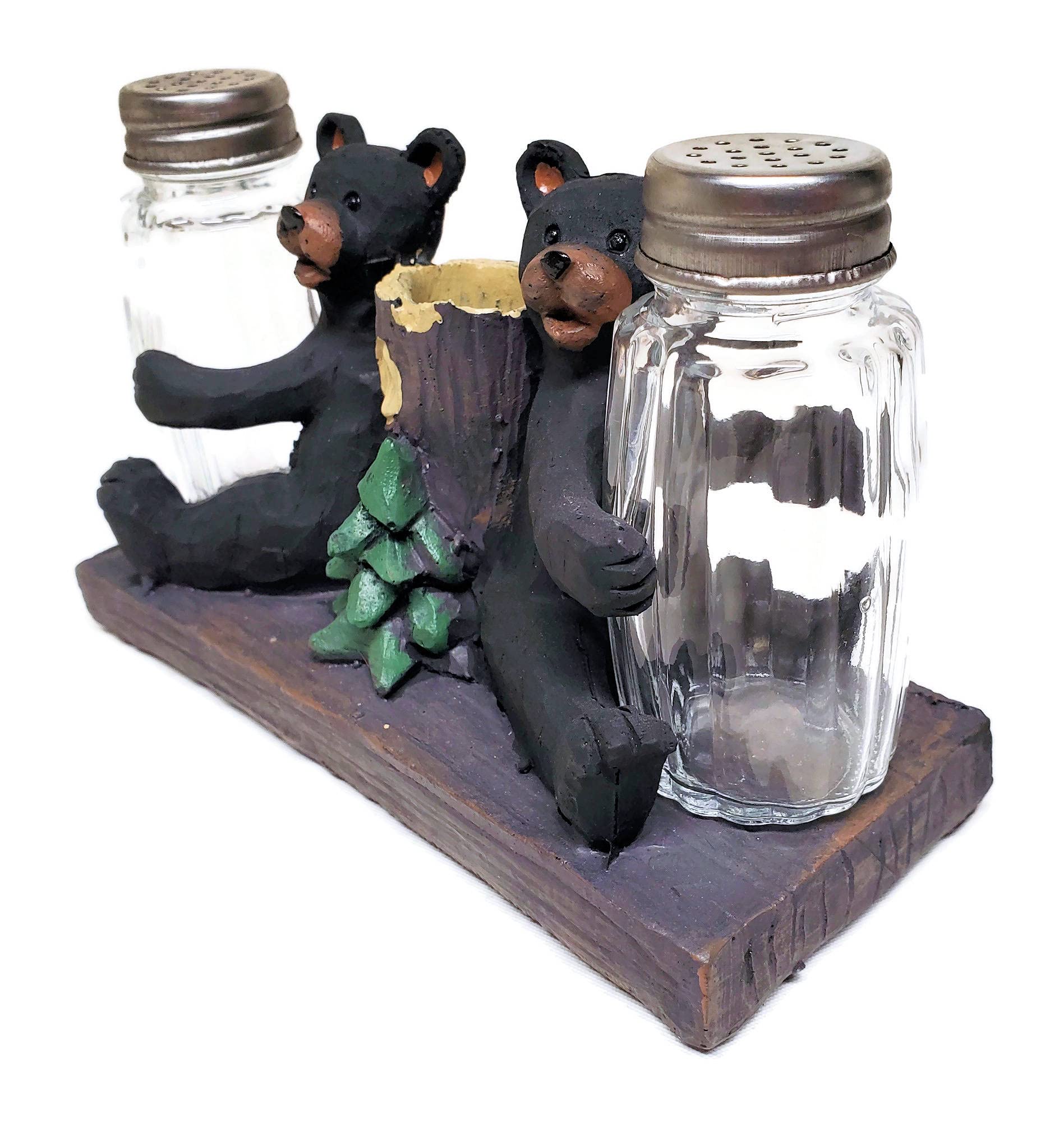 Premium Black Bear Salt and Pepper Shaker Set with Toothpick Holder - Elegant Kitchen Accessories for Dining Table, Restaurant, and Home Decor