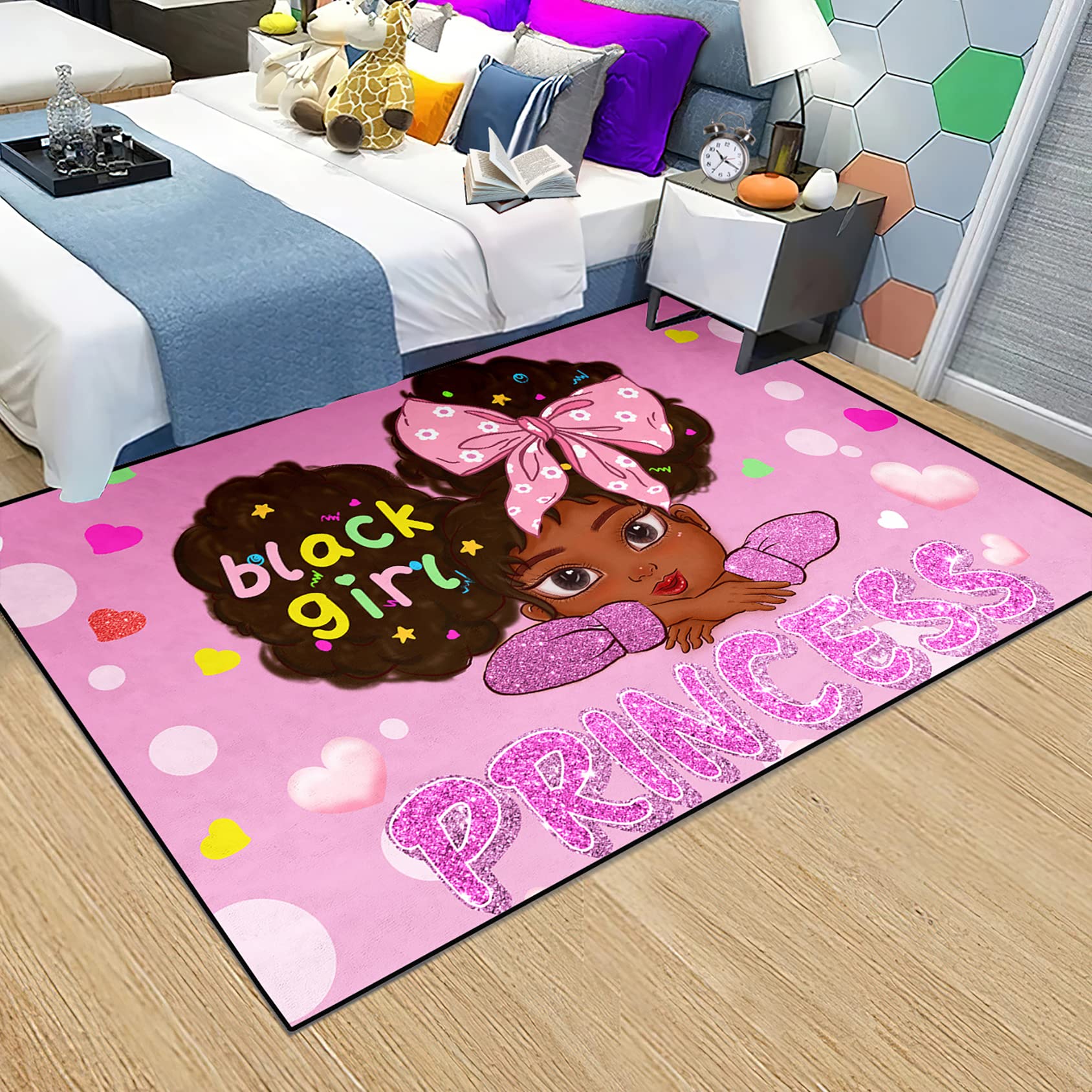 African American Princess Rugs for Girls - Soft Pink 3'×5' Kids Bedroom Carpet, Teen Room Decor, Living Room Floor Mat - Perfect for Girls' Bedroom, Playroom & Nursery Decor