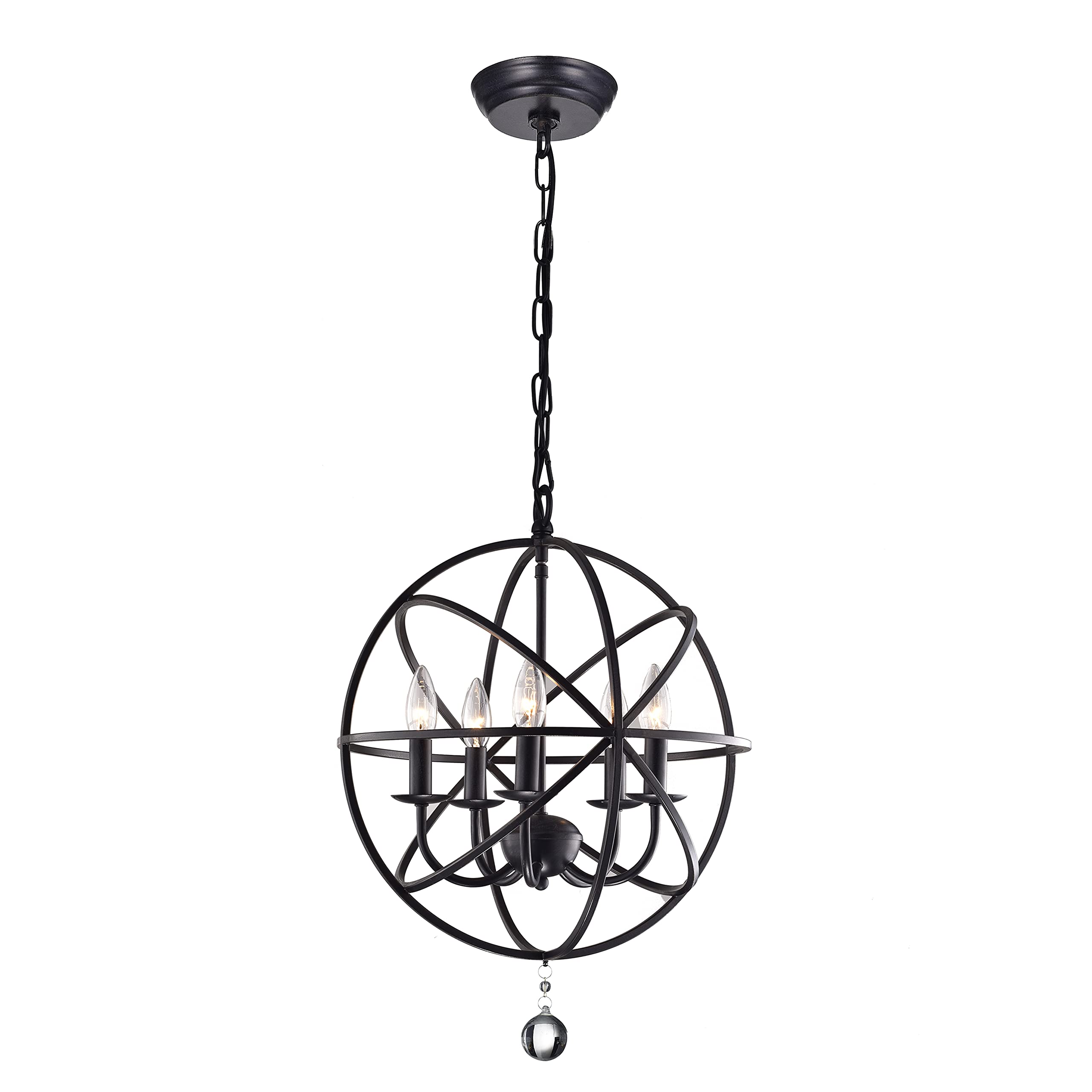 5-Light Globe Chandelier with Black Finish - Elegant Candle Style Ceiling Light Fixture for Dining Room, Bedroom, Bathroom & Hallway - 16.2