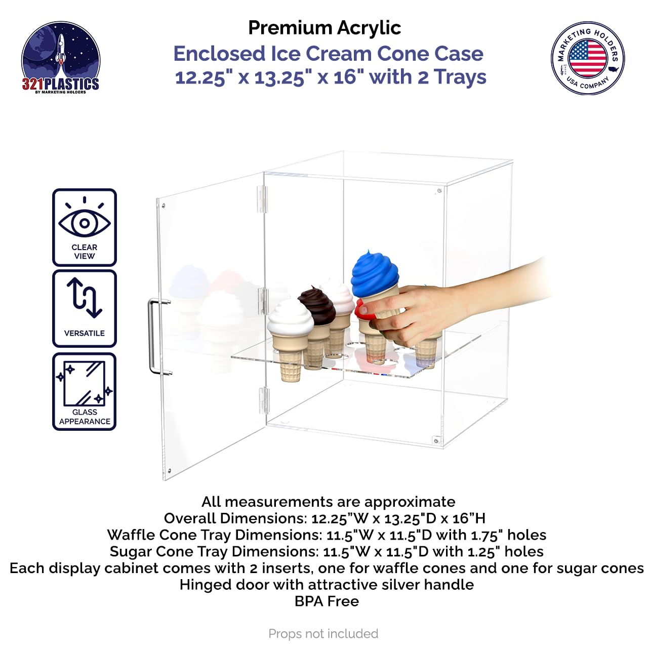 Clear Acrylic Enclosed Ice Cream Cone Display Cabinet - 9 Hole Storage for Sugar/Waffle Cones with Silver Handle & Door Closure - Perfect for Ice Cream Shops, Bakeries & Dessert Displays
