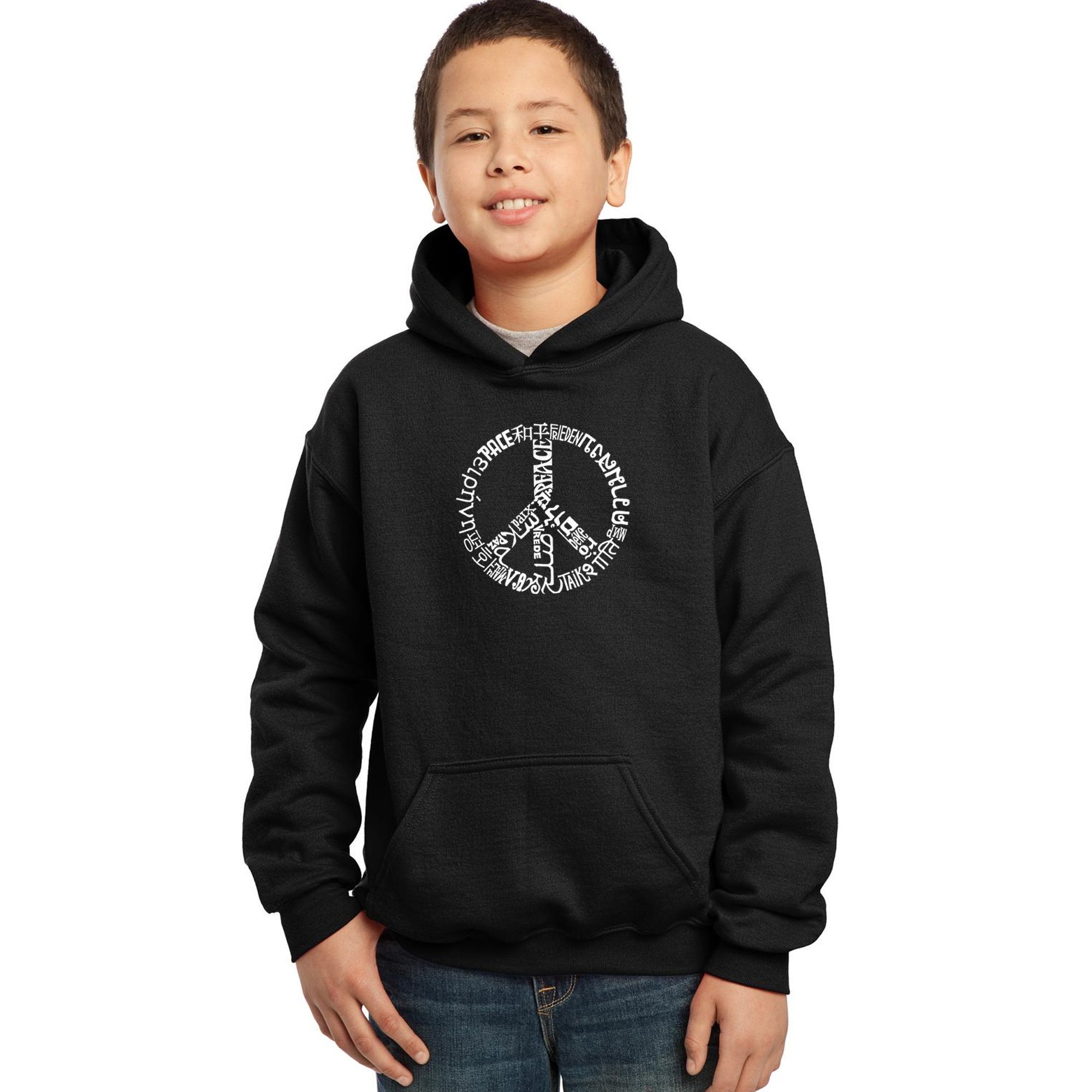 LA POP ART Boys' Word Art Hooded Sweatshirt - Peace in 20 Languages | Trendy Graphic Pullover for Teens & Kids | Perfect for School, Streetwear & Casual Outfits