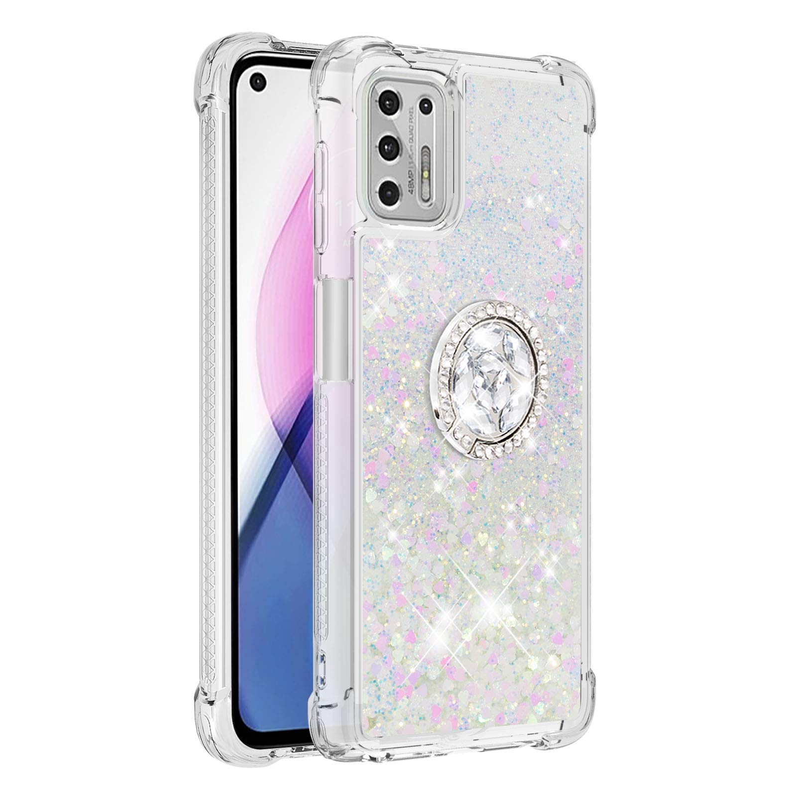 Sparkly Clear Glitter Phone Case for Motorola G Stylus 2021 - Liquid Quicksand Bling Cover with Diamond Ring Holder & Rugged Protection | Stylish Protective Case for Women Girls | Perfect for Daily Use, Work & Parties