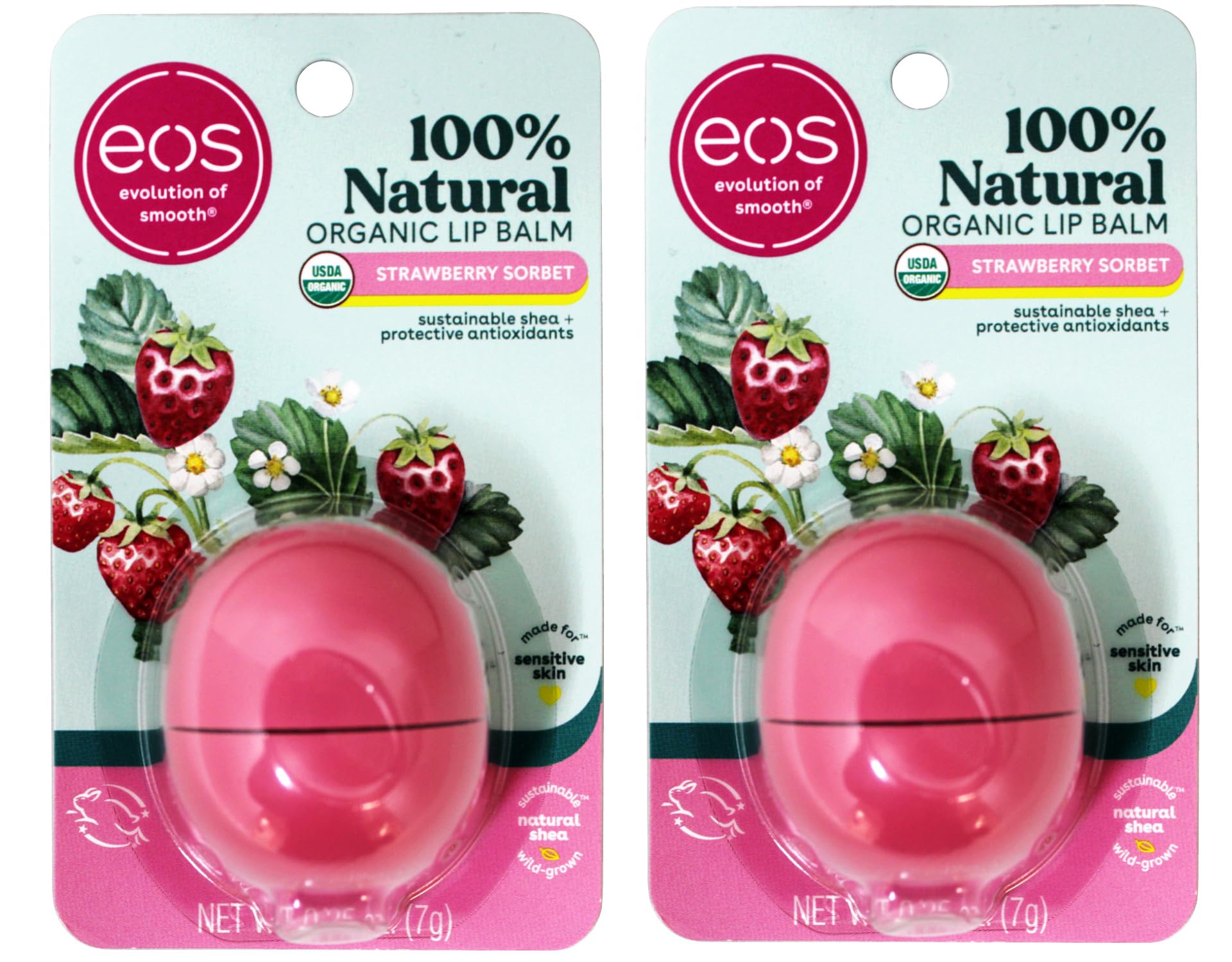 EOS 100% Natural Organic Lip Balm for Sensitive Skin - Strawberry Sorbet Flavor with Shea Butter, 0.25 oz (2-Pack) - Moisturizing & Healing Dry Lips for Daily Use, Outdoor Activities & Winter Care