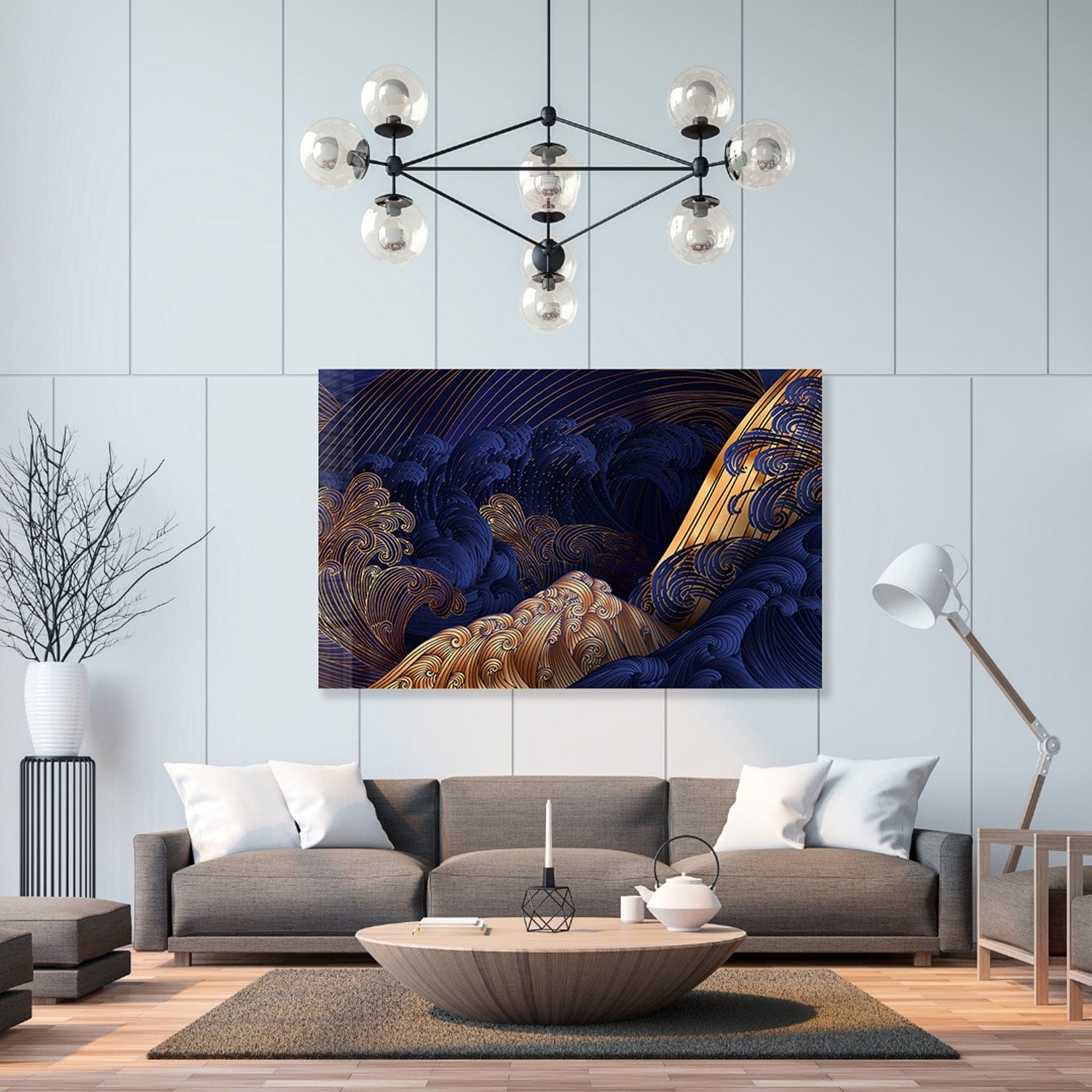 Golden Blue Waves Tempered Glass Wall Art - Modern Ocean Themed Decor for Living Room, Bedroom & Office - Shatterproof & Stylish Home Accent