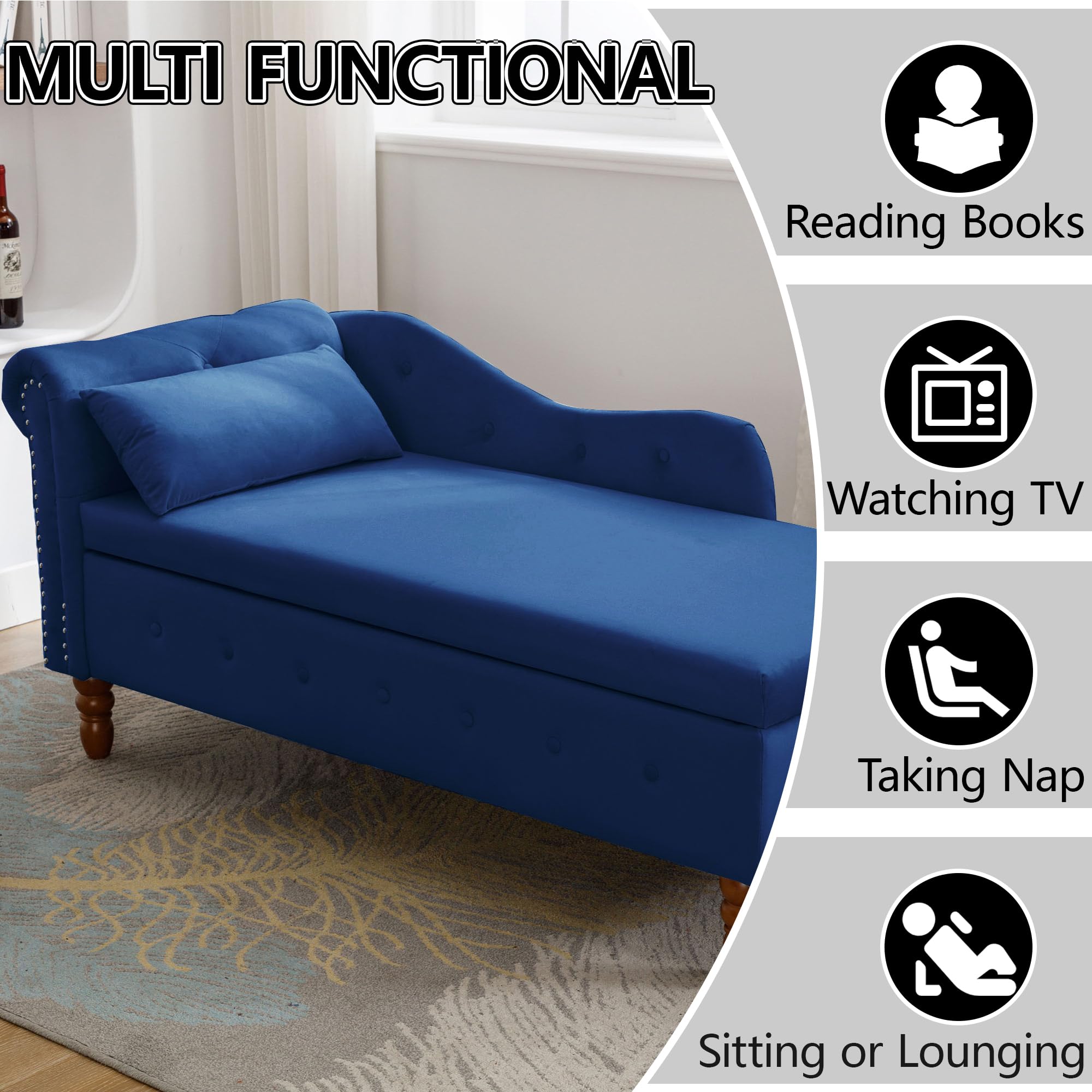 Velvet Upholstered Chaise Lounge Chair with Storage - Button Tufted Design with Lumbar Pillow & Rolled Arms - Navy Blue Modern Chaise for Living Room, Bedroom, Office - Perfect for Relaxing, Reading & Small Space Decor