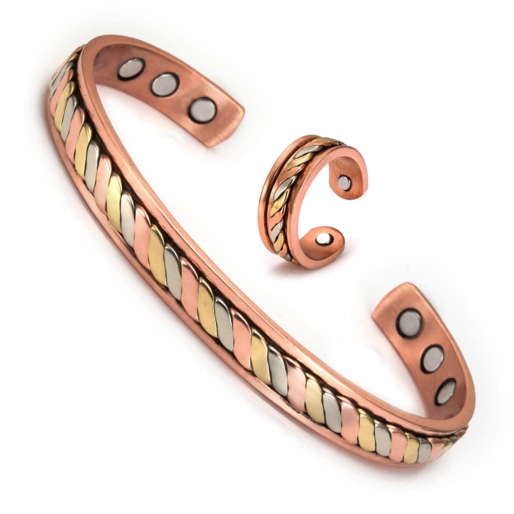 Magnetic Copper Bracelet and Ring Set for Women - Adjustable Healing Energy Jewelry with Cuff, Bangles (Type 2) - Perfect for Pain Relief, Meditation, and Positive Energy Flow