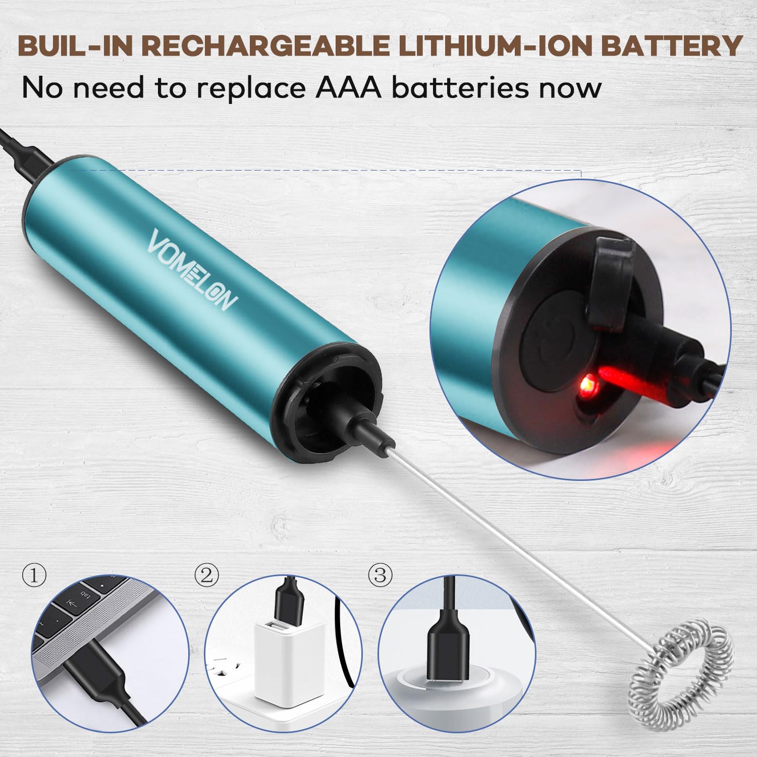 Rechargeable Milk Frother for Coffee - Portable Electric Drink Mixer with 2 Stainless Steel Whisk Heads - Perfect for Keto Coffee, Latte, Cappuccino & Hot Chocolate - Light Blue - Ideal for Home, Office & Travel Use