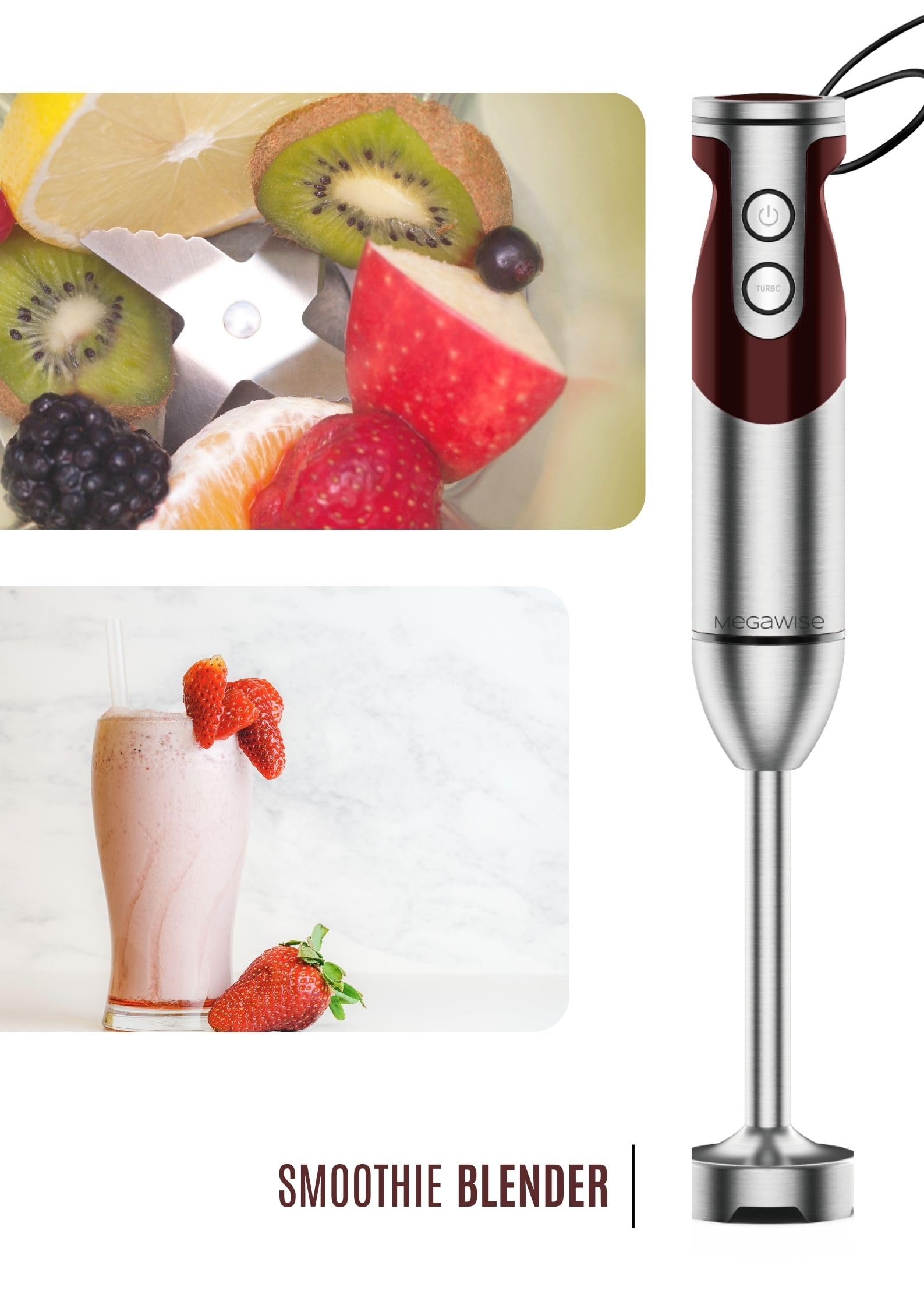 MegaWise Pro Titanium Reinforced 3-in-1 Immersion Hand Blender - 800W Powerful Motor, 12-Speed Control, Ultra Sharp Blades - Includes Whisk & Milk Frother (Red) - Perfect for Smoothies, Soups, Sauces & Baking