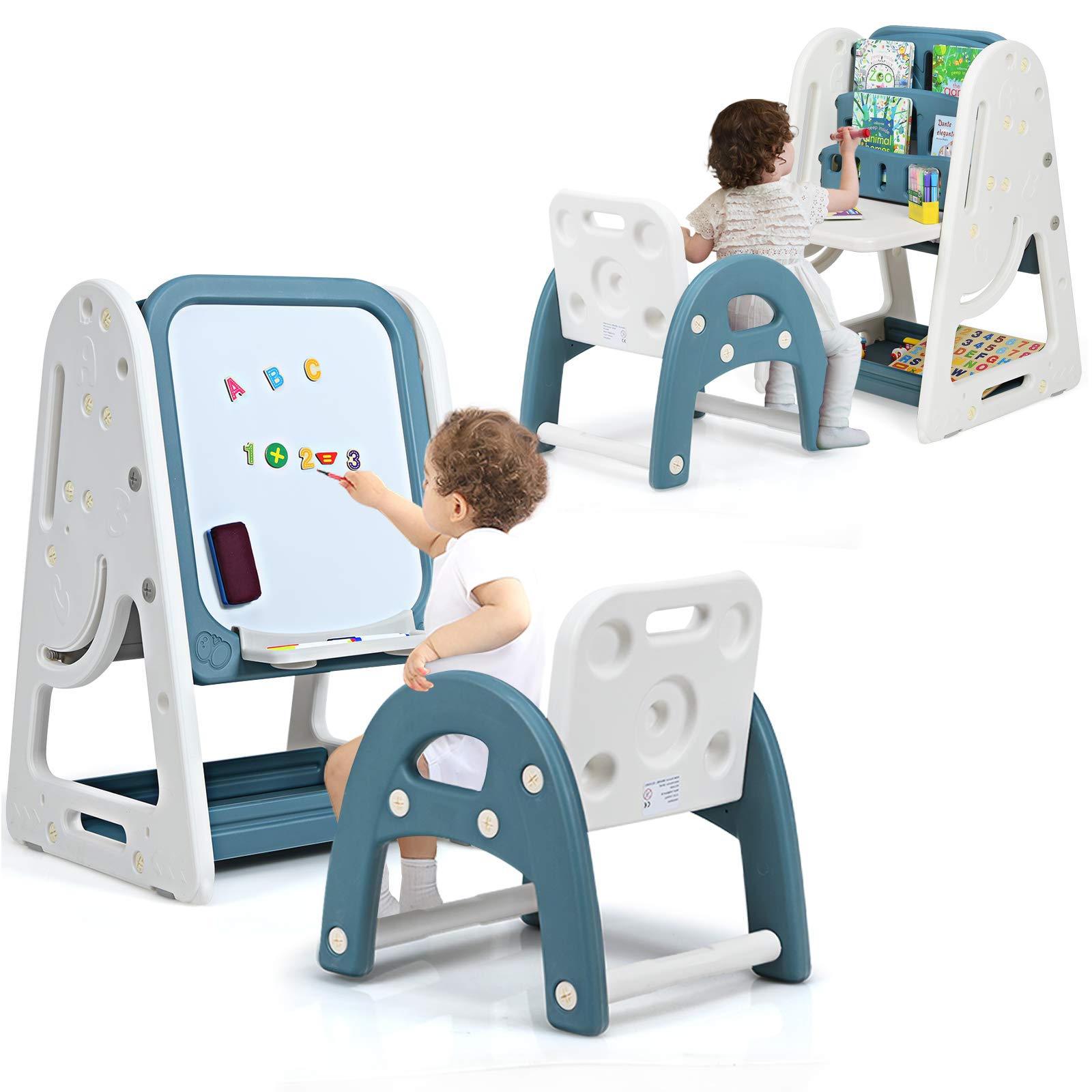 Costzon 3-in-1 Adjustable Kids Art Easel with Stool - Double-Sided Magnetic Whiteboard & Chalkboard, Foldable Desktop & Book Rack - Includes Alphabet & Number Magnets (Blue) - Perfect for Preschool Learning, Home Classroom & Creative Play