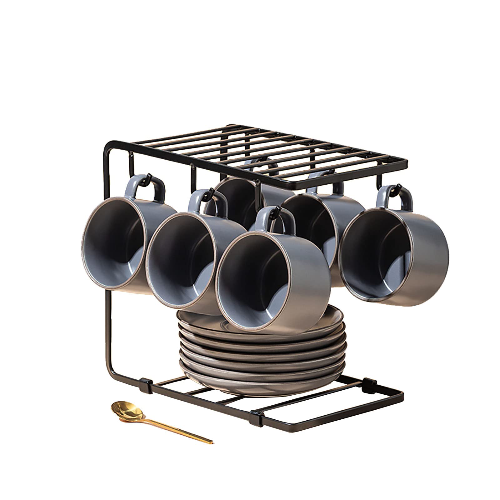 TBATM 6-Piece Porcelain Tea Cups and Saucers Set - Large Stackable Coffee Mugs with Rack, Ceramic Cups with Handle for Coffee, Tea, Cocoa, Hot Chocolate - Elegant Gray - Perfect for Afternoon Tea, Coffee Breaks, and Entertaining Guests