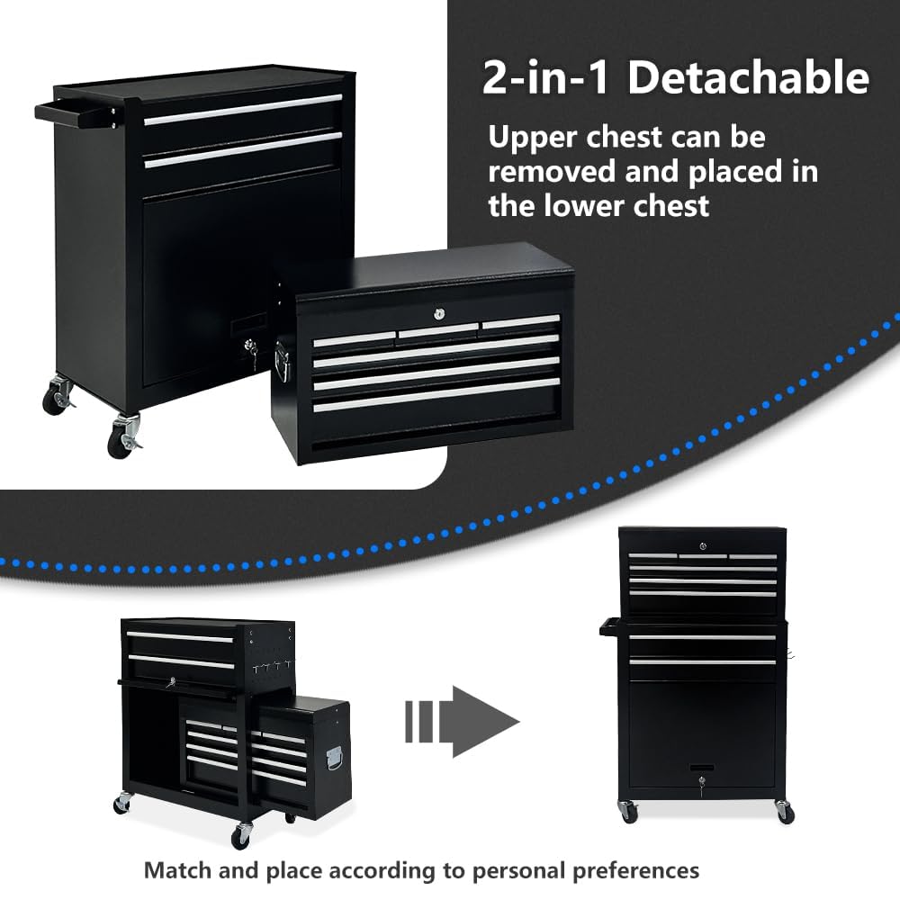 8-Drawer Rolling Tool Chest with Wheels - Heavy Duty Locking Tool Box with Drawer Liners for Garage, Workshop & Warehouse - Perfect for Mechanics, DIY Enthusiasts & Professional Contractors (Black)