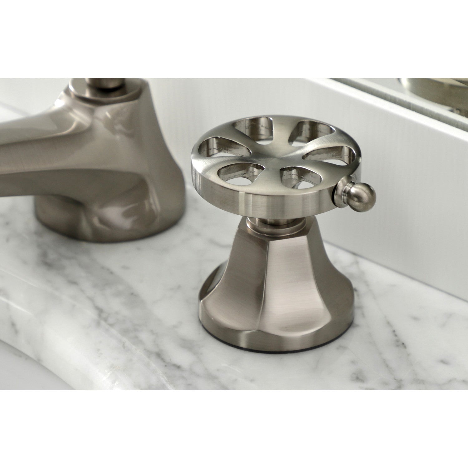 Belknap KS4468RX Brushed Nickel Widespread Bathroom Faucet - 3 Hole Deck Mount with Brass Pop Up Drain - Perfect for Modern Bathroom Vanities and Sink Upgrades