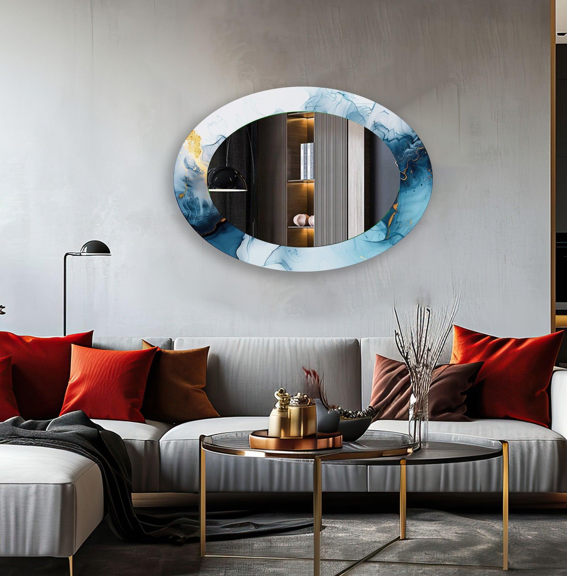 Blue and Gold Modern Oval Wall Mirror - Elegant Home Decor for Living Room, Bedroom & Entryway - Perfect for Adding Style and Light to Any Space