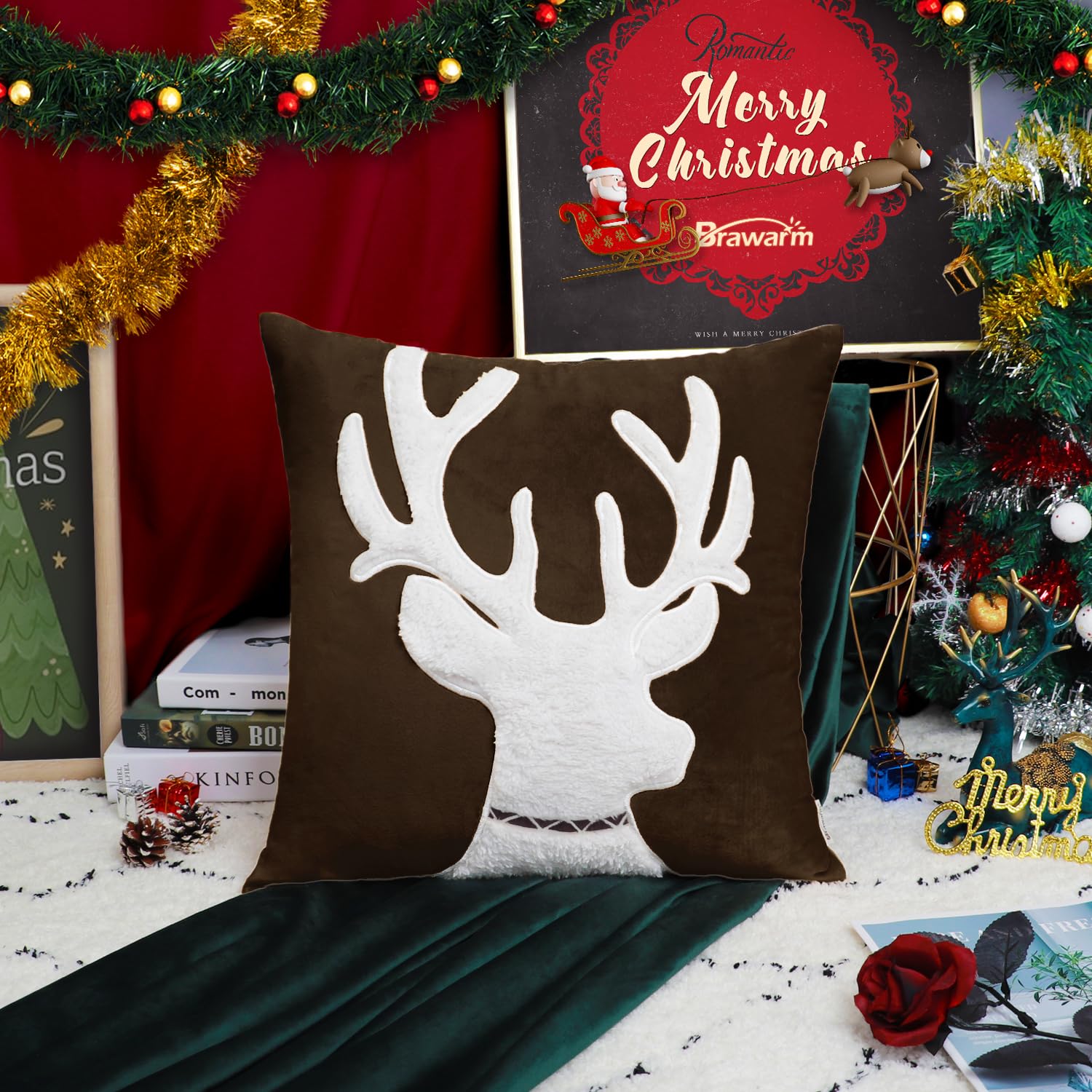 BRAWARM 18x18 Inch Christmas Pillow Cover - Embroidered Coffee Reindeer Design, Soft Velvet Decorative Throw Pillow for Couch, Bed, Sofa - Perfect for Living Room & Holiday Home Decor