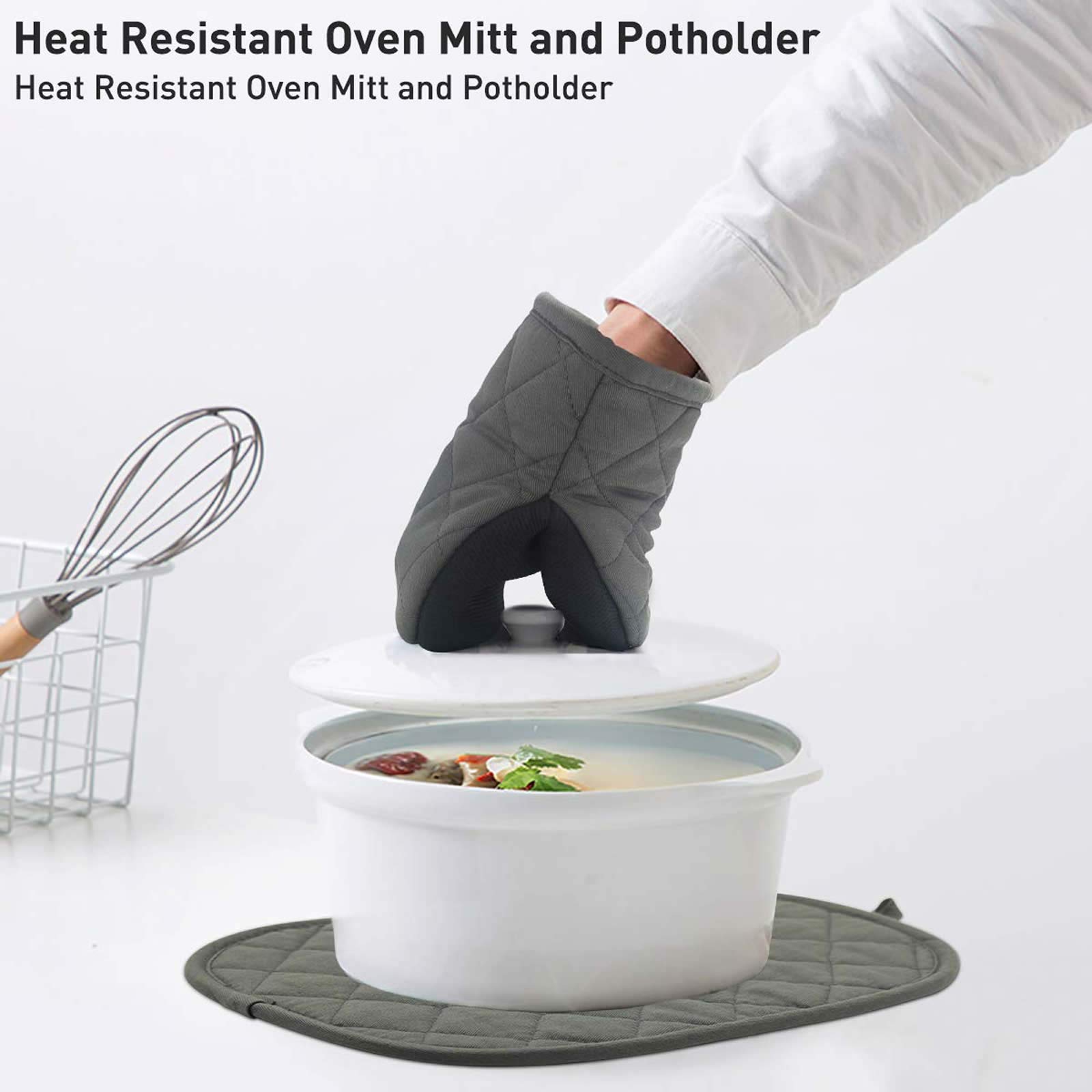 Heat Resistant Mini Oven Mitts Set of 2 - 300°F Neoprene Cotton Kitchen Gloves with Non-Slip Grip & Hanging Loop - 7x6 Inch Gray Pot Holders for Baking, Grilling & Cooking - Perfect for Oven, Stovetop & BBQ Use