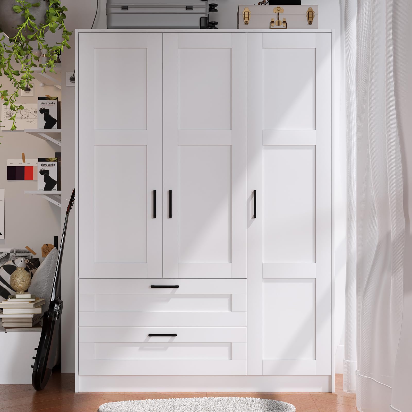 3-Door Wooden Wardrobe Closet Armoire with 2 Drawers & Shelves - White Freestanding Storage Cabinet for Hanging Clothes, Large Capacity Bedroom Organizer (Perfect for Master Bedroom, Guest Room, or Dorm Storage)