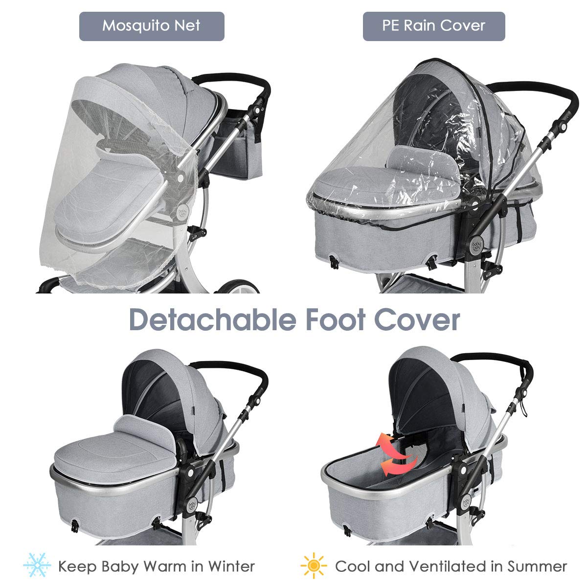 **HONEY JOY Baby Stroller - Convertible Infant Bassinet Stroller with Adjustable Canopy, Backrest & Storage Basket | Foldable Newborn Carriage Pram for Outdoor Walks, Shopping & Travel (Gray)**