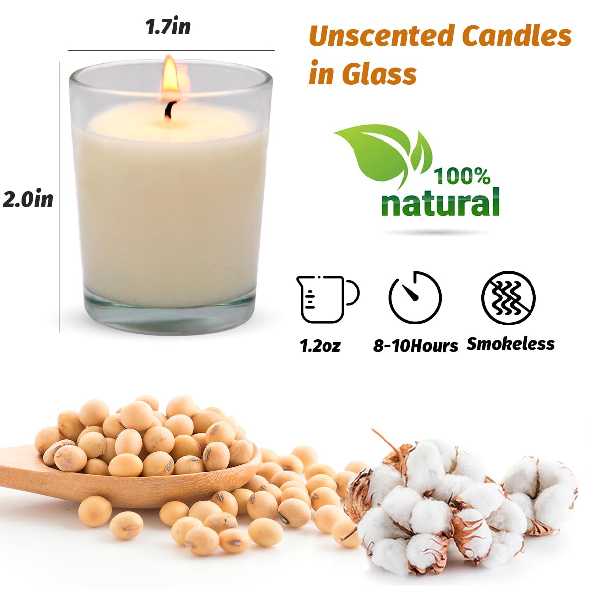72 Packs Unscented White Votive Candles in Glass - 1.2oz Natural Soy Wax Candles Bulk for Wedding, Table Decor, Home Spa, Holiday Party, Romantic Dinner & Church Ceremonies