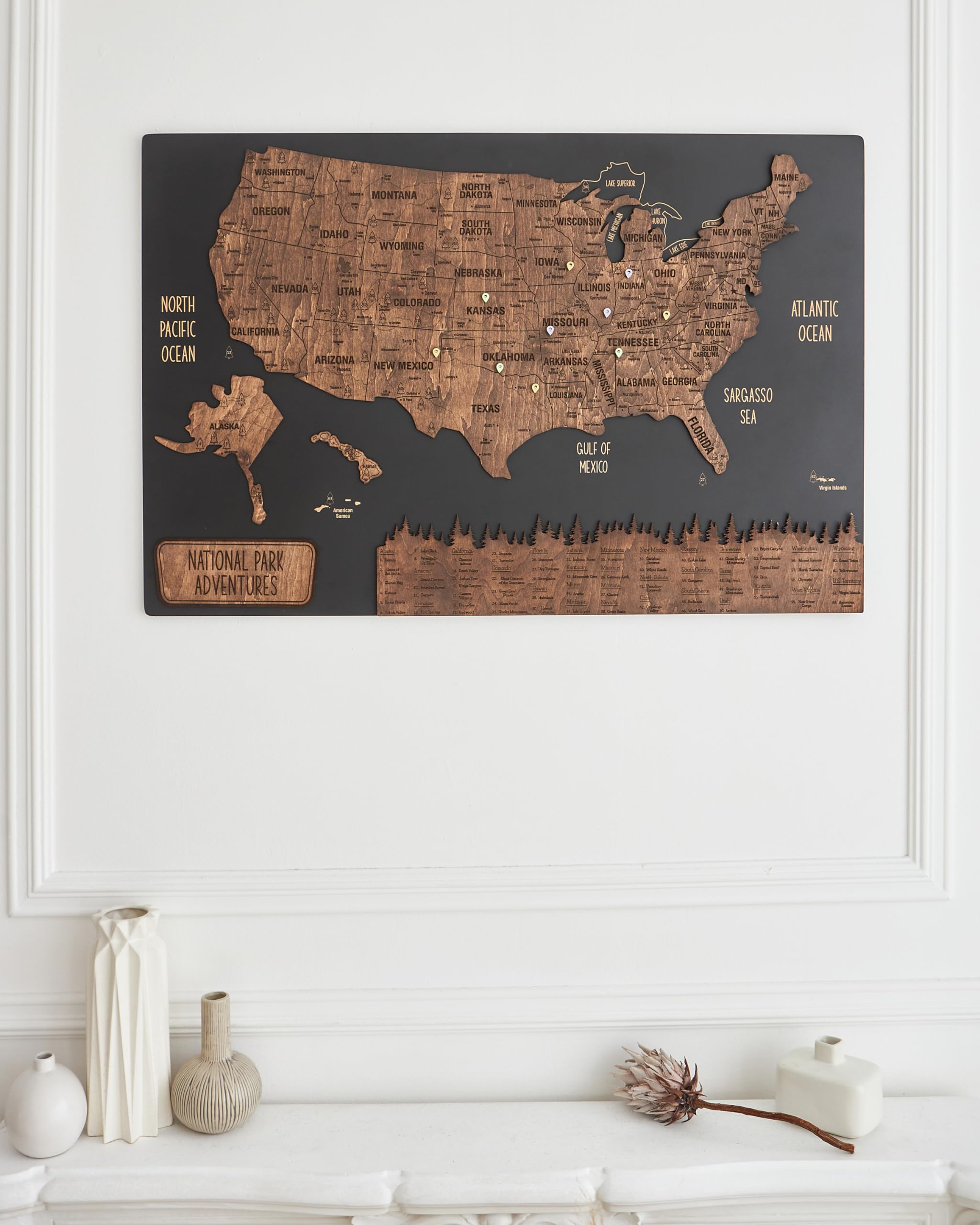 USA National Park Map Wall Art - Full Set Color 5 - Large Wooden Wall Decor with Geolocation Pins & Customization - Perfect for Home, Kitchen, Office (35x24 inches XL) - Great Gift for Travel Lovers & National Park Enthusiasts