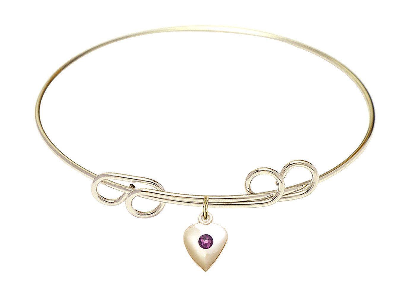 8 Inch Round Double Loop Bangle Bracelet with Heart Charm & February Birthstone Purple Crystal - Perfect for Valentine's Gifts, Birthday Presents, and Everyday Fashion Jewelry
