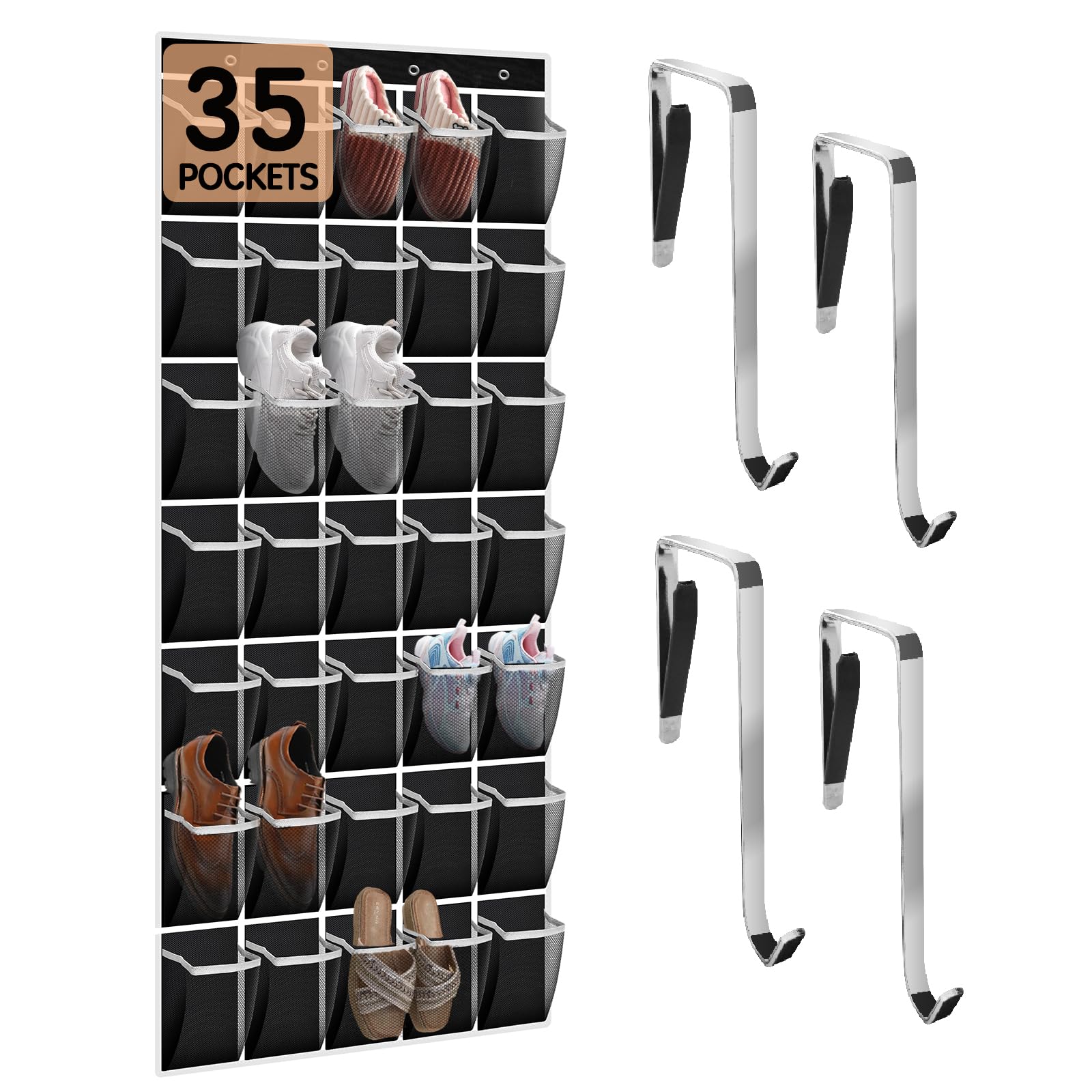 35 Compartment Breathable Mesh Over The Door Shoe Organizer for Men & Women - Large Hanging Closet Storage for Shoes, Accessories & More - Perfect for Bedrooms, Closets & Dorm Rooms (Black)