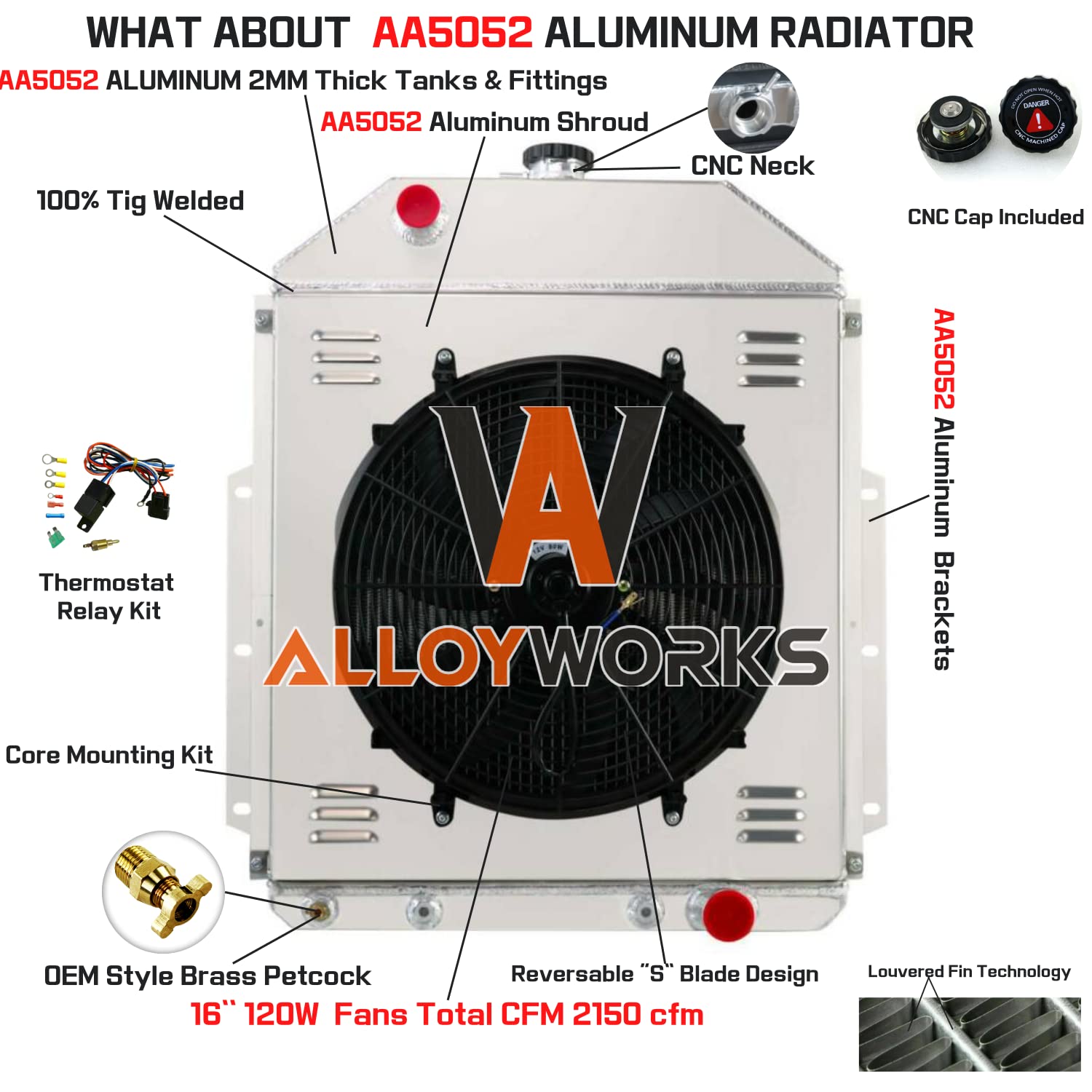 ALLOYWORKS 3-Row High-Performance Aluminum Racing Radiator with Shroud Fan & Thermostat - Compatible with 1942-1952 Ford F1 F2 F3 Pickup Trucks V8 Engine - Perfect for Off-Roading, Hot Rod Builds & Classic Car Restoration Projects
