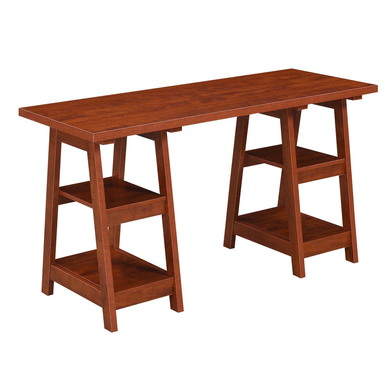 Convenience Concepts Designs2Go Double Trestle Desk with Shelves - Cherry Finish Home Office Desk for Small Spaces, Perfect for Remote Work & Study