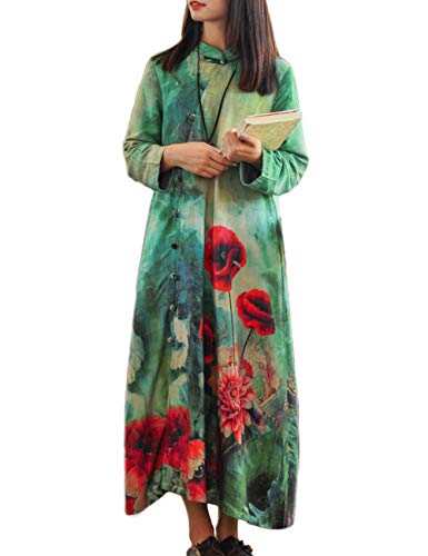 Women's Floral Maxi Dress - Short Sleeve Vintage Cotton Linen Kaftan Dress with Pockets | Beach Cover Up, Summer Casual Wear, Boho Chic Outfit