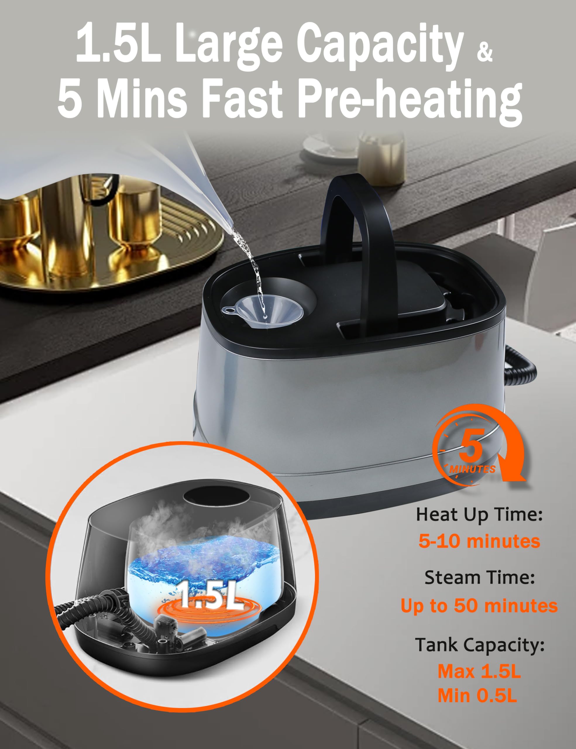 Powerful Portable Steam Cleaner for Home & Car - 1.5L Capacity, 19 Accessories, Quick Heating in 5 Mins - Multi-Surface Cleaner for Floors, Tiles, Carpets, Upholstery - Perfect for Deep Cleaning Kitchens, Bathrooms & Auto Detailing