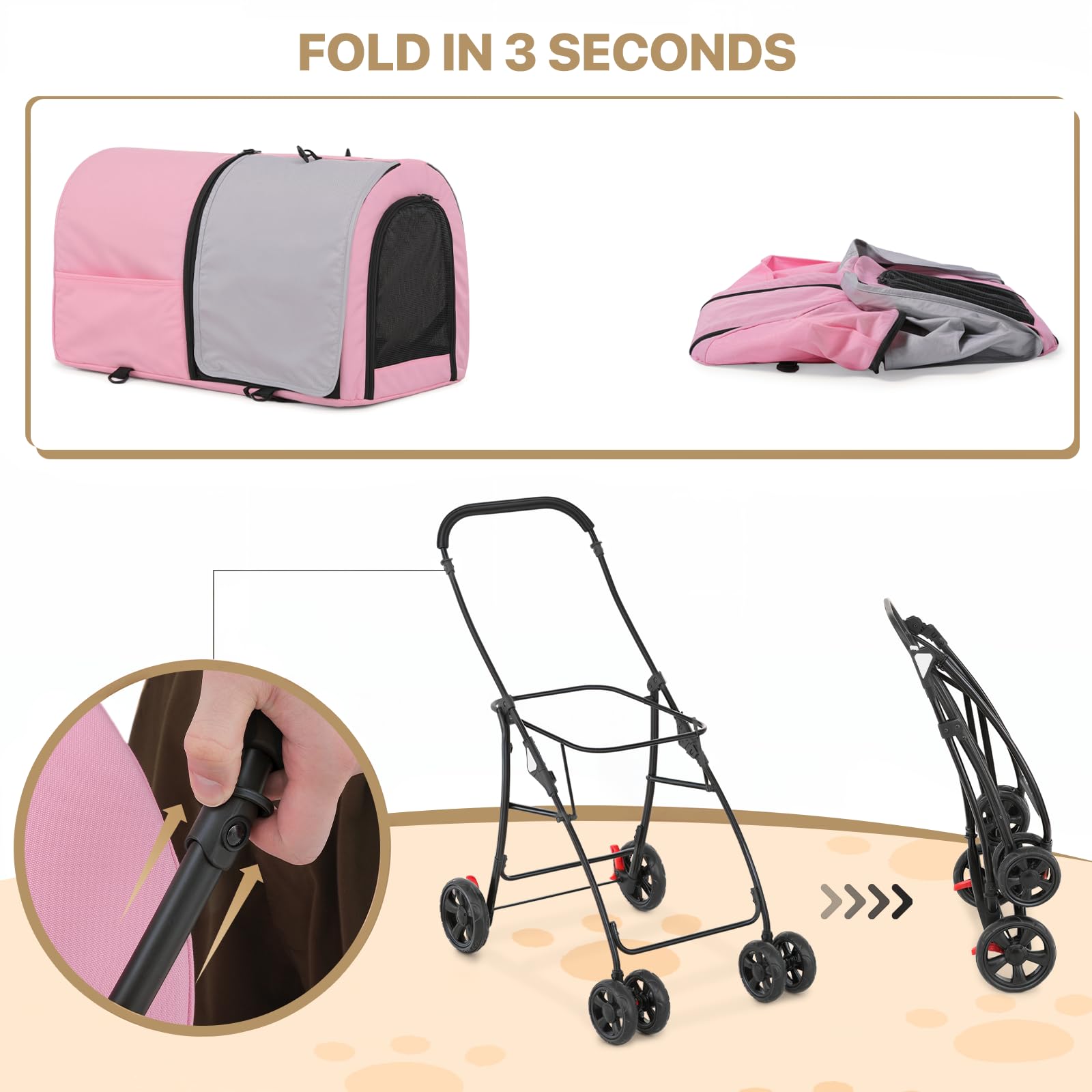 MoNiBloom Double Dog Stroller with Removable Carrier Bags - Large 4-Wheel Foldable Pet Jogger for Small & Medium Dogs & Cats (Pink/Gray) - Perfect for Park Walks, Vet Visits & Outdoor Adventures