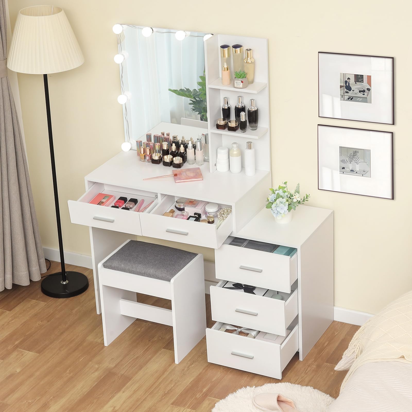 USIKEY 43.5 Inch Large LED Vanity Desk with Mirror - 10 Adjustable Lights, 5 Storage Drawers & Stool - White Makeup Dressing Table with Shelves for Women & Girls | Perfect for Bedroom, Dorm, Beauty Salon & Gift
