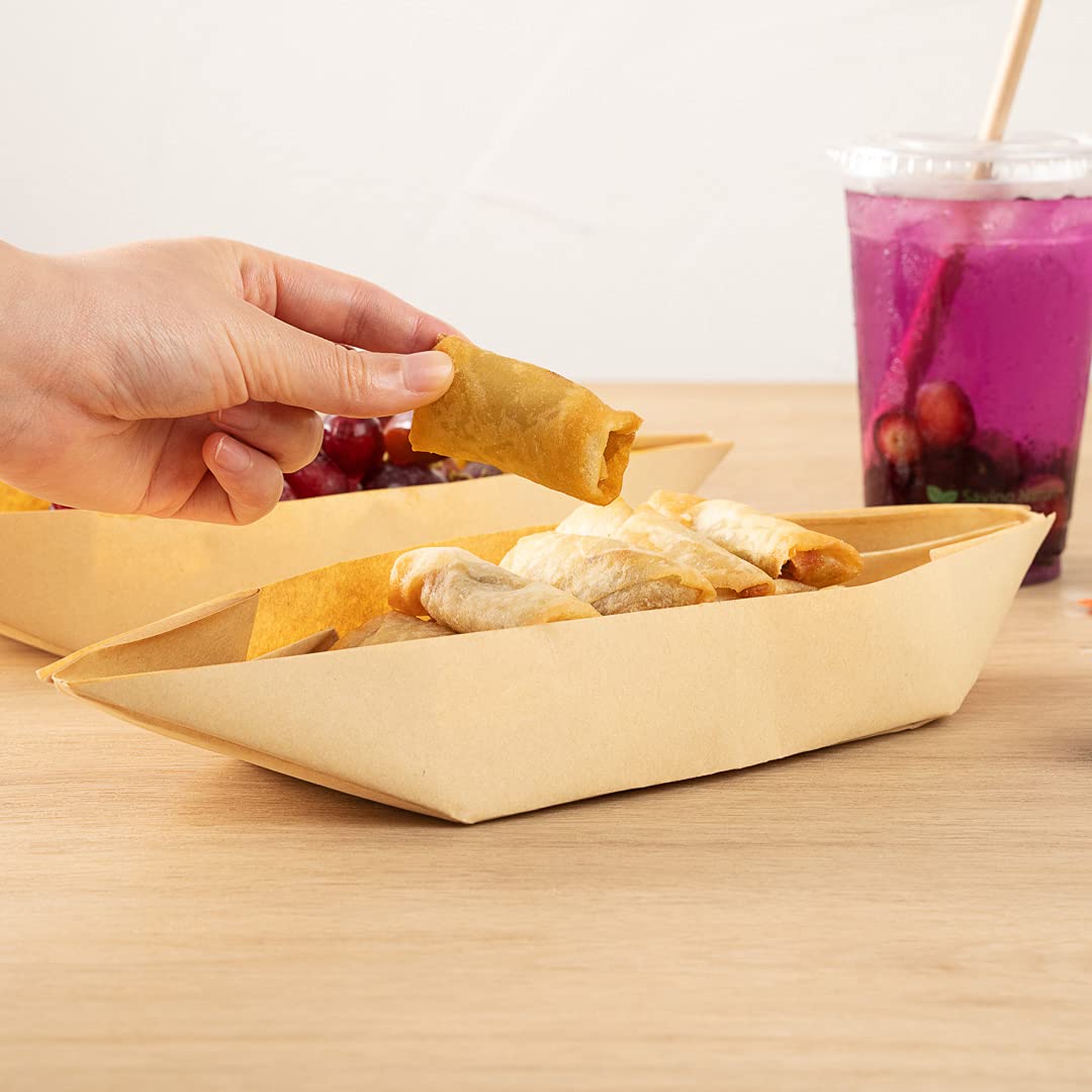 Restaurantware 13.5 Inch Disposable Kraft Paper Food Boats - 100 Pack Greaseproof Foldable Food Trays for Parties, Finger Foods & Catering | Eco-Friendly Origami Design for Snacks, Appetizers & Events