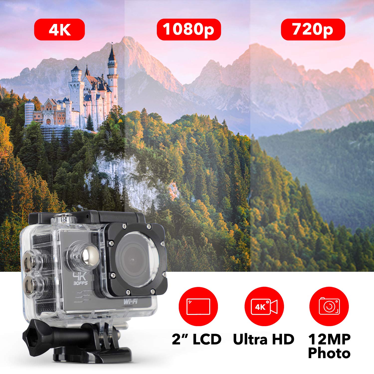 4K Waterproof Action Camera - 12MP SNAPSHOT Hero with 170° Wide Angle Lens | Professional HD Sports Camera for Diving, Skiing & Extreme Sports | Perfect for Underwater Adventures, Vlogging & Outdoor Activities