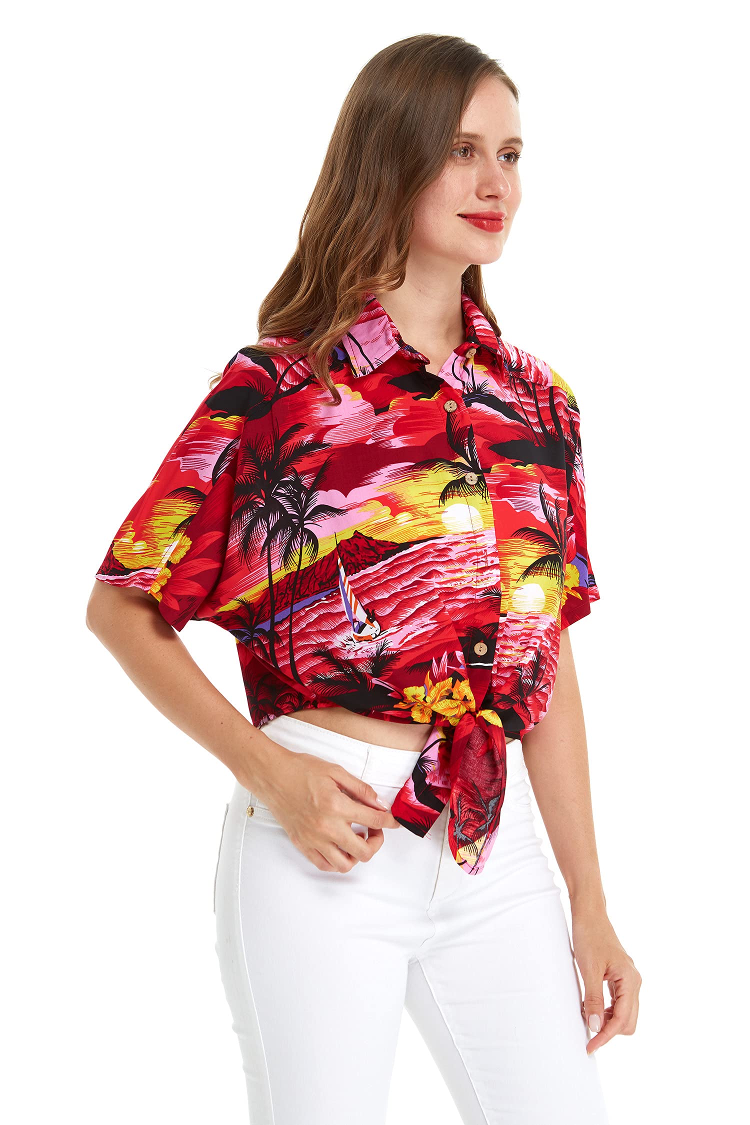 Women's Hawaiian Tie Front Crop Top Aloha Shirt - Floral Sunset Print Beachwear for Summer Vacation & Tropical Party Outfits