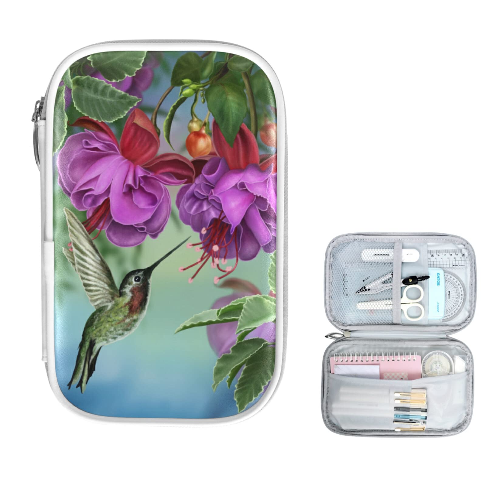 ZZKKO Hummingbird Purple Flower Pencil Case - Zippered Stationery Organizer for Pens, Pencils & School Supplies | Makeup Bag & Cosmetic Pouch for Travel | Perfect for School, Office & Daily Use