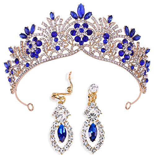 Brinote Vintage Bridal Pearl Tiara Set with Crystal Headpiece & Earrings – Queen Flower Wedding Crown for Women & Girls (Blue) | Perfect for Bridal Showers, Weddings, and Special Occasions