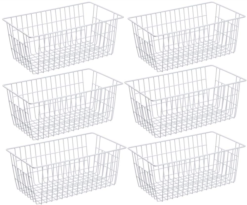 SANNO 6-Pack Metal Wire Storage Baskets with Handles - Heavy Duty Freezer & Pantry Organizer Bins for Kitchen, Bathroom, Office, Farmhouse & Shelf Storage - Rustproof Home Organization Solutions for Food, Toiletries & Supplies