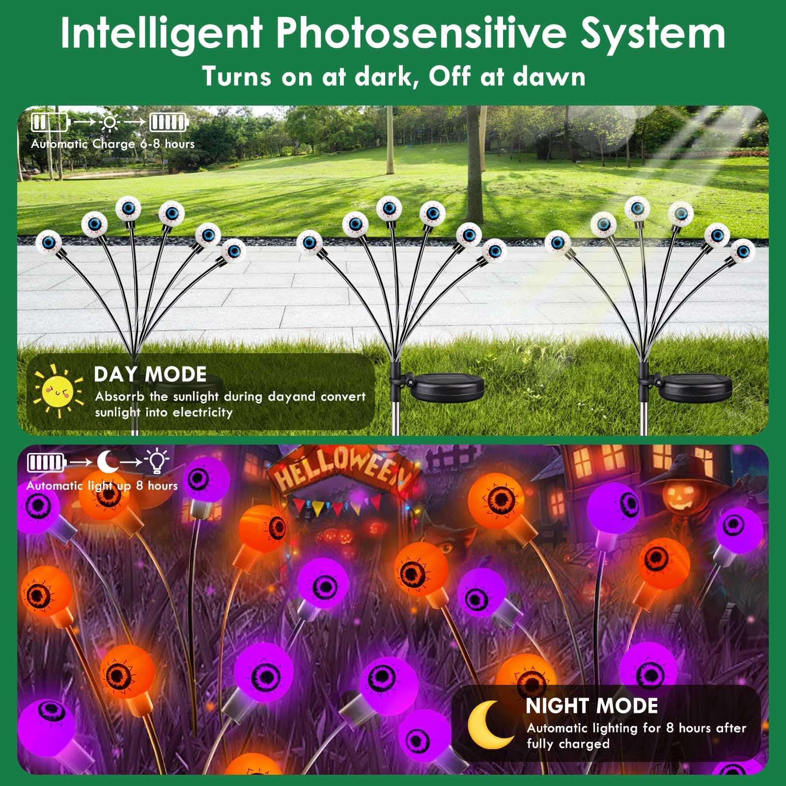 6-Pack Solar Halloween Eyeball Lights Outdoor - Purple & Orange Waterproof Garden Lights, Wind-Swaying Firefly Fairy Lights for Pathway, Yard, Garden - Perfect for Halloween, Christmas, and Party Decorations