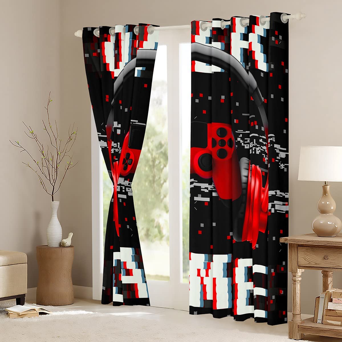 Erosebridal 3D Headset Headphones & Gaming Controller Printed Window Curtains for Living Room & Bedroom (2 Panels, 38x54 Inches) - Red Video Game Themed Drapes for Teens & Kids | Perfect for Gamers' Rooms & Game Themed Decor