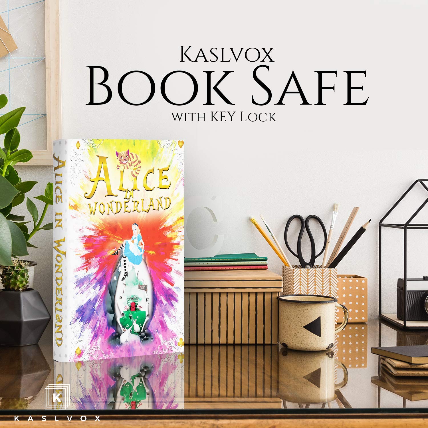 Fake Book Box Safe with Key Lock - Hidden Diversion Safe for Valuables - Secret Storage Disguised as a Book - Perfect for Home, Office & Travel Security (Large Size, Alice Design)