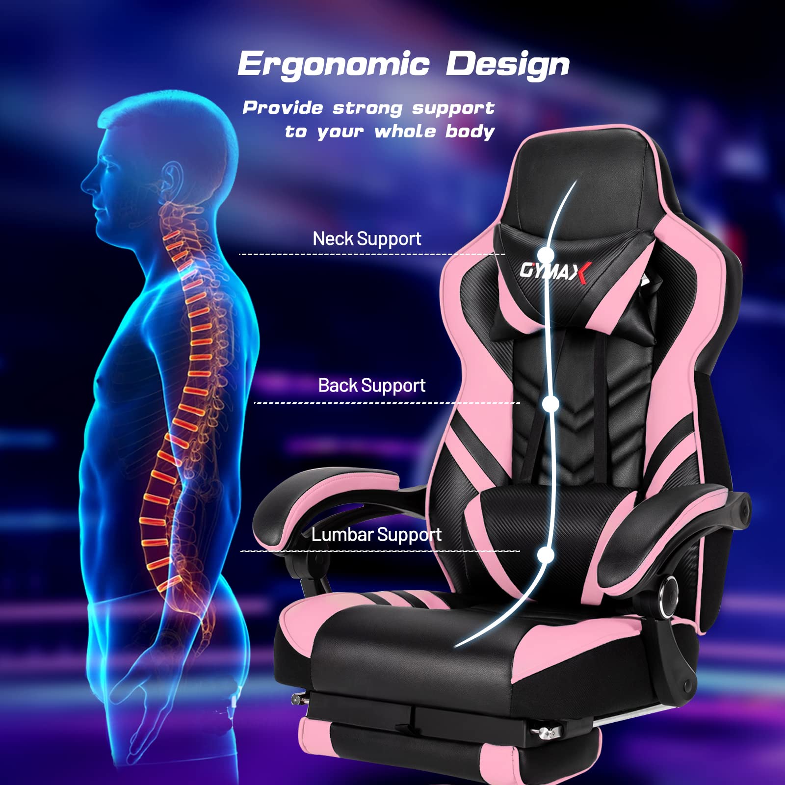 Ergonomic Pink Gaming Chair for Adults & Teens - High Back Reclining Computer Desk Chair with Lumbar Support, Retractable Footrest & Headrest - Perfect for Gaming, Office Work & Home Study