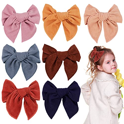 6 Inch Corduroy Hair Bows for Girls - 7pc Set with Alligator Clips | Toddler & Kids Hair Accessories for Parties & School