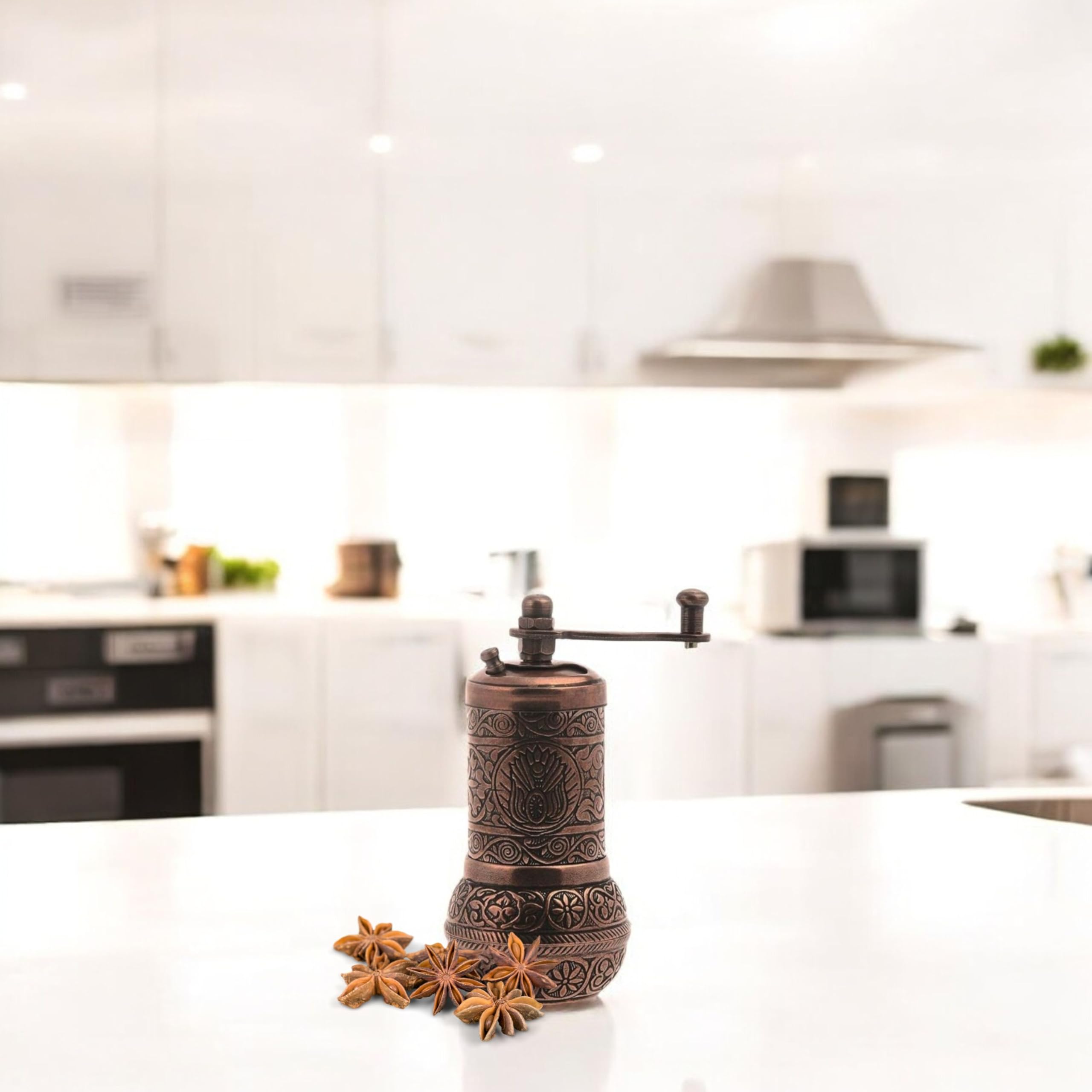 LaModaHome Antique Copper Manual Coffee Grinder - Hand Mill for Turkish, Greek & Arabic Coffee Beans, Spices, Pepper & Salt - Brass Construction - Perfect for Home Brewing, Camping & Gifts
