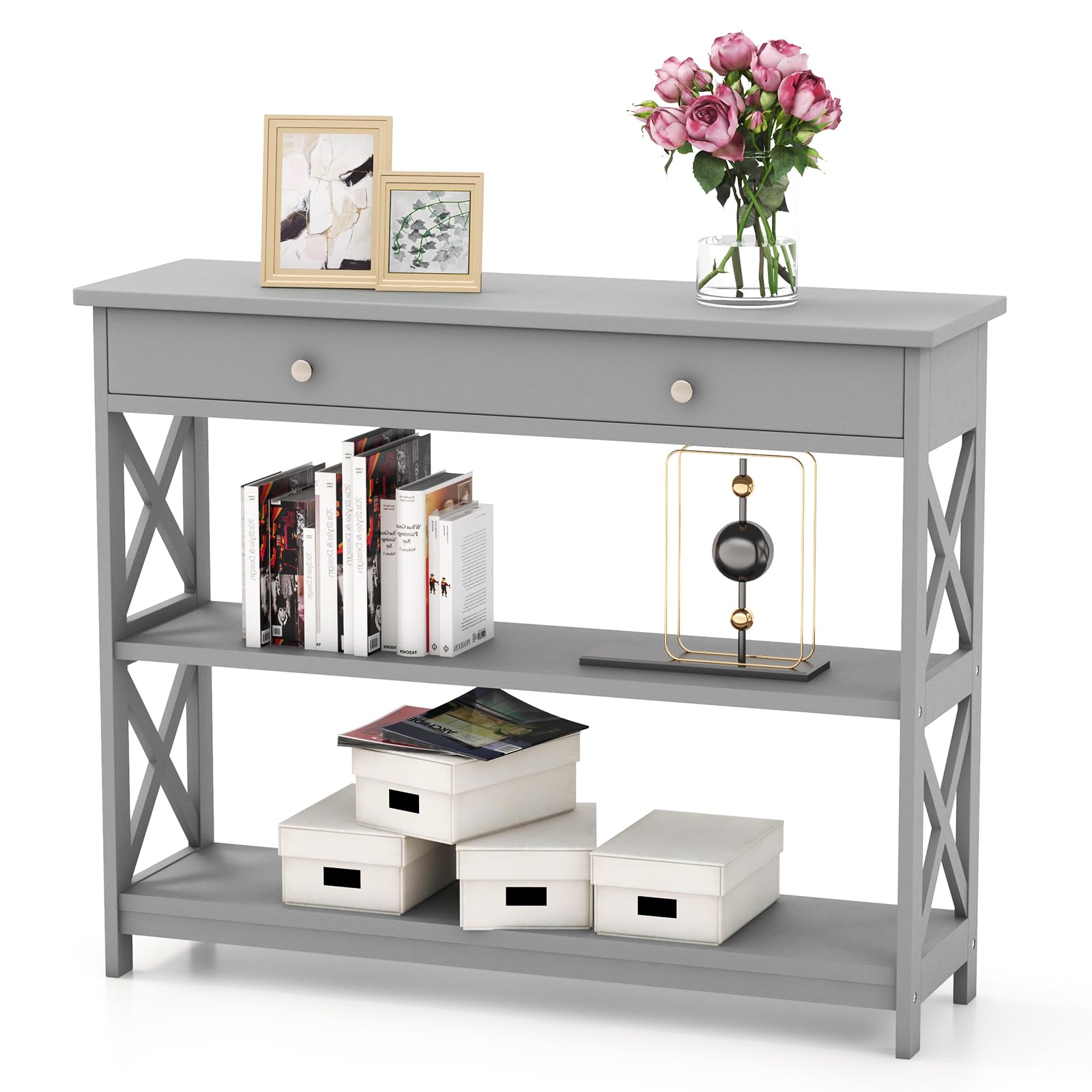 GOFLAME 3-Tier Narrow Sofa Table with Large Drawer & 2 Open Shelves, Modern Wooden Console Table for Entryway, Hallway & Living Room - Perfect for Small Space Storage & Home Decor (Grey)