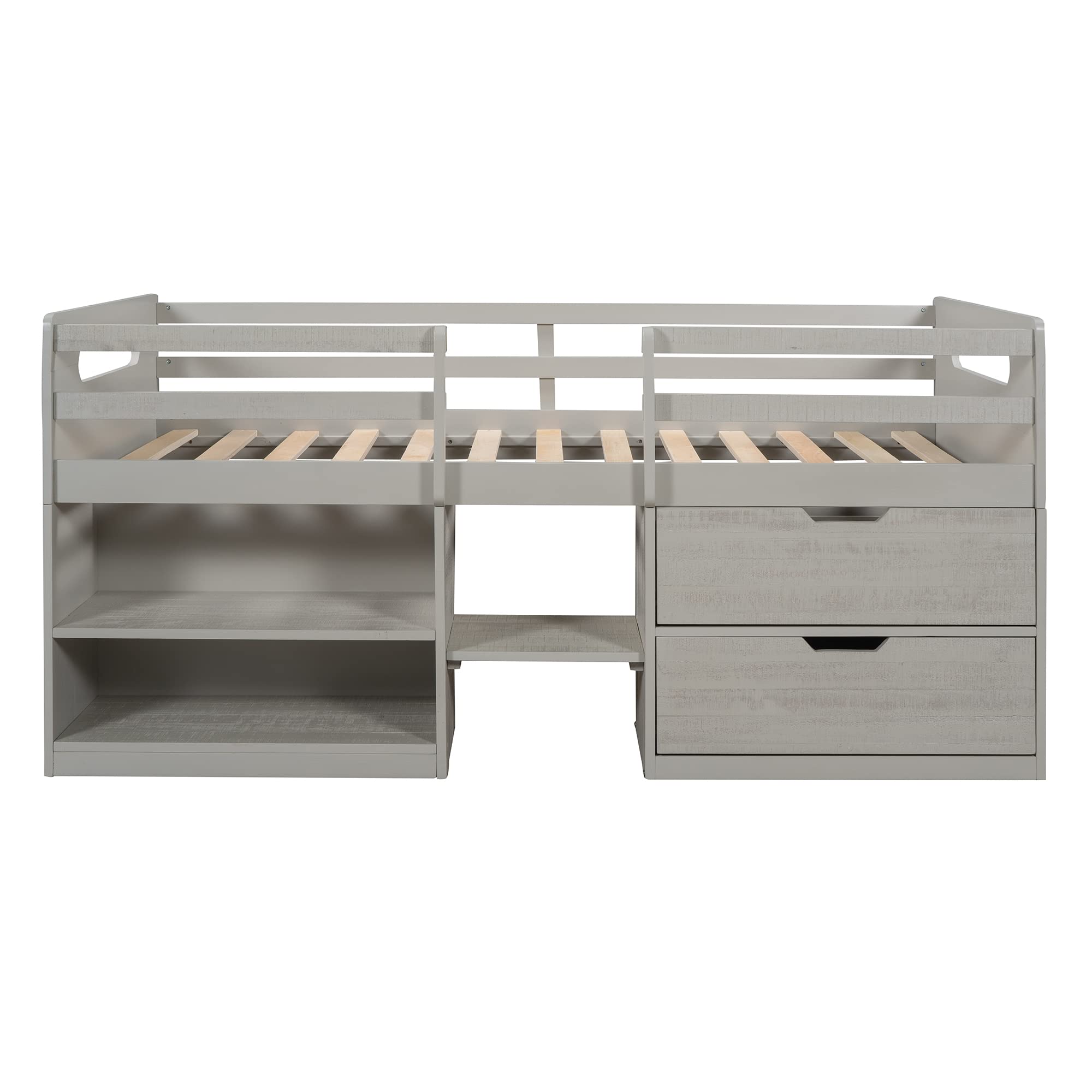 Low Loft Bed with Storage - Twin Size Wooden Loft Bed for Kids & Teens - Space Saving for Small Rooms (Antique Grey)
