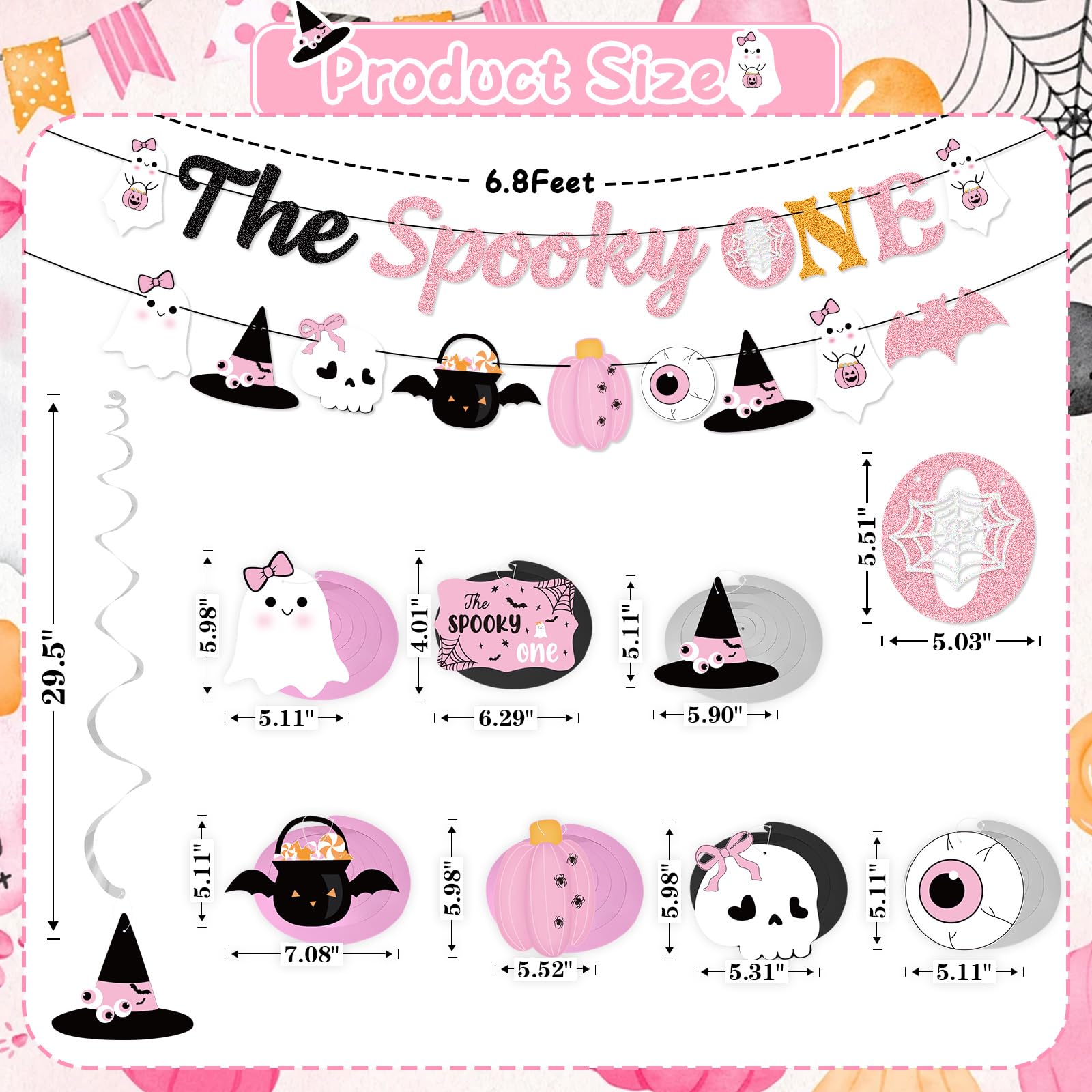 K KUMEED Pink Halloween 1st Birthday Party Banner Set - Spooky Ghost Pumpkin Bat Decorations Kit with Hanging Swirls & Streamers for Girls' First Birthday, Baby Shower & Halloween Party Decor