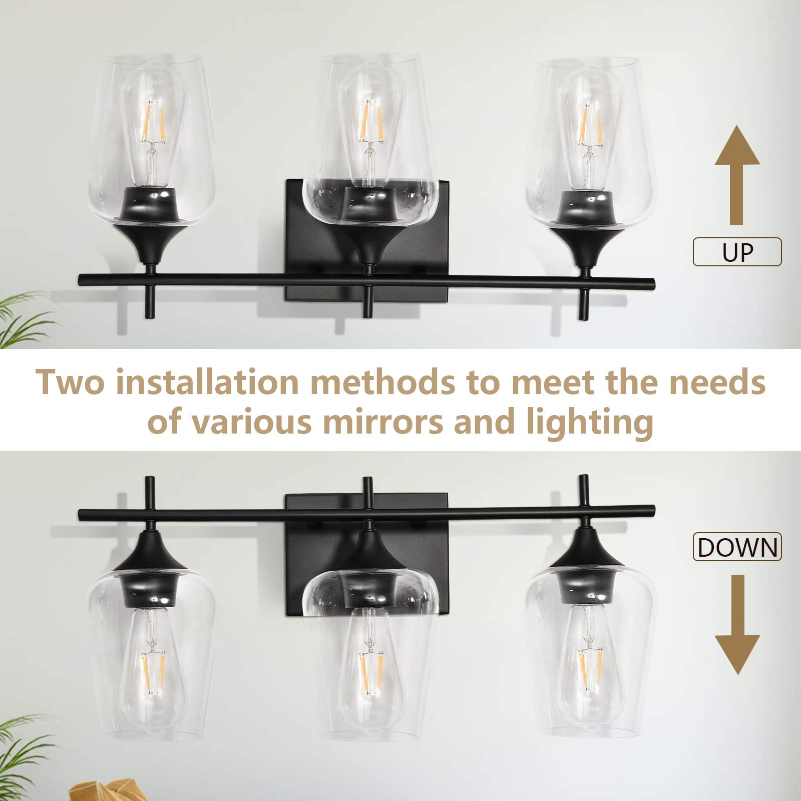 Modern Black 3-Light Bathroom Vanity Fixture with Clear Glass Shade - Wall Sconce Lighting for Bathroom, Bedroom, Living Room, Staircase, Gallery & Restaurant Decor | Perfect for Vanity Mirror Lighting, Hallway Ambience & Dining Area Accent