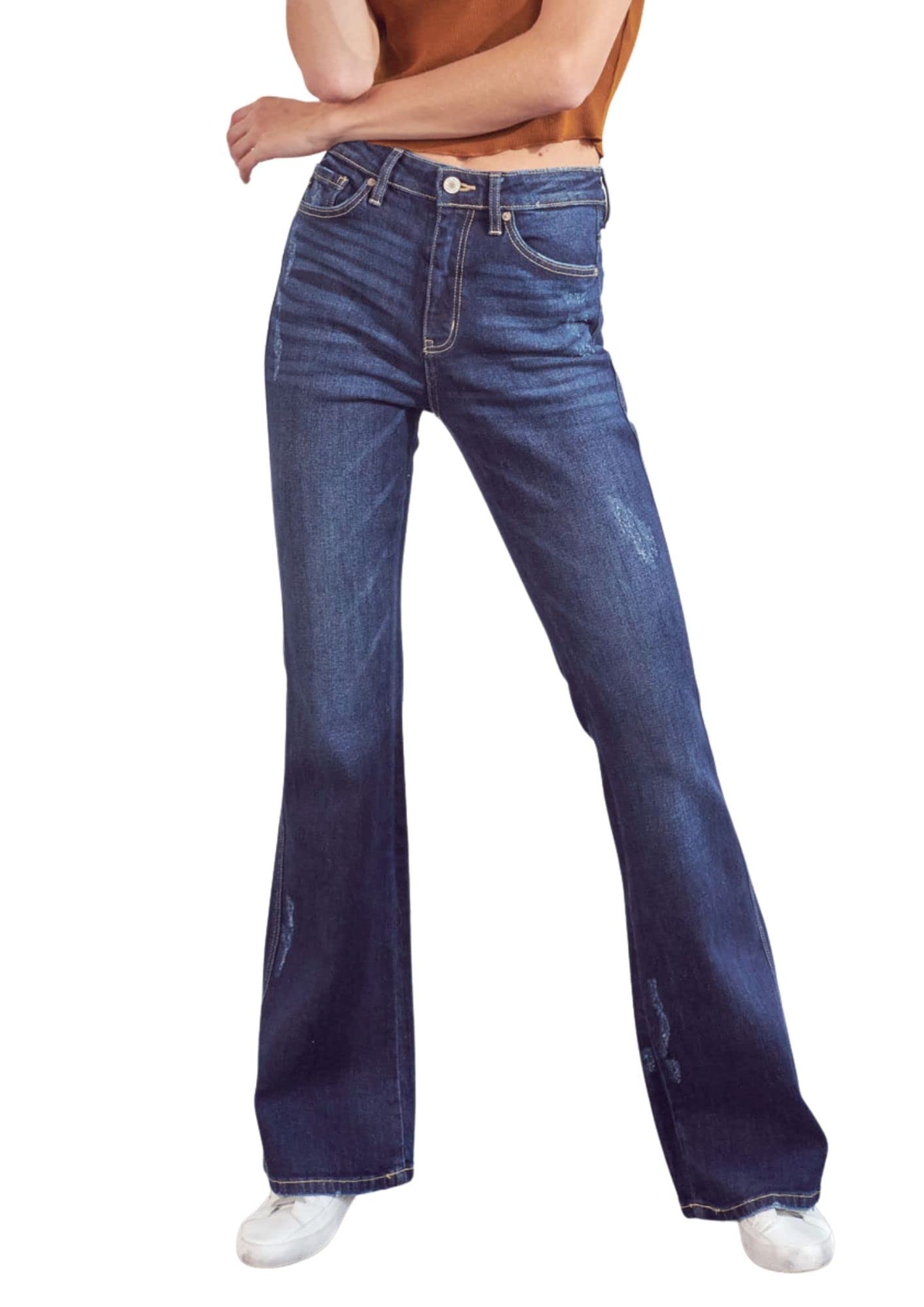 Kan Can Women's High Rise Flare Jeans - KC7340D | Vintage 70s Inspired Bootcut Denim Pants for Casual Wear & Night Out